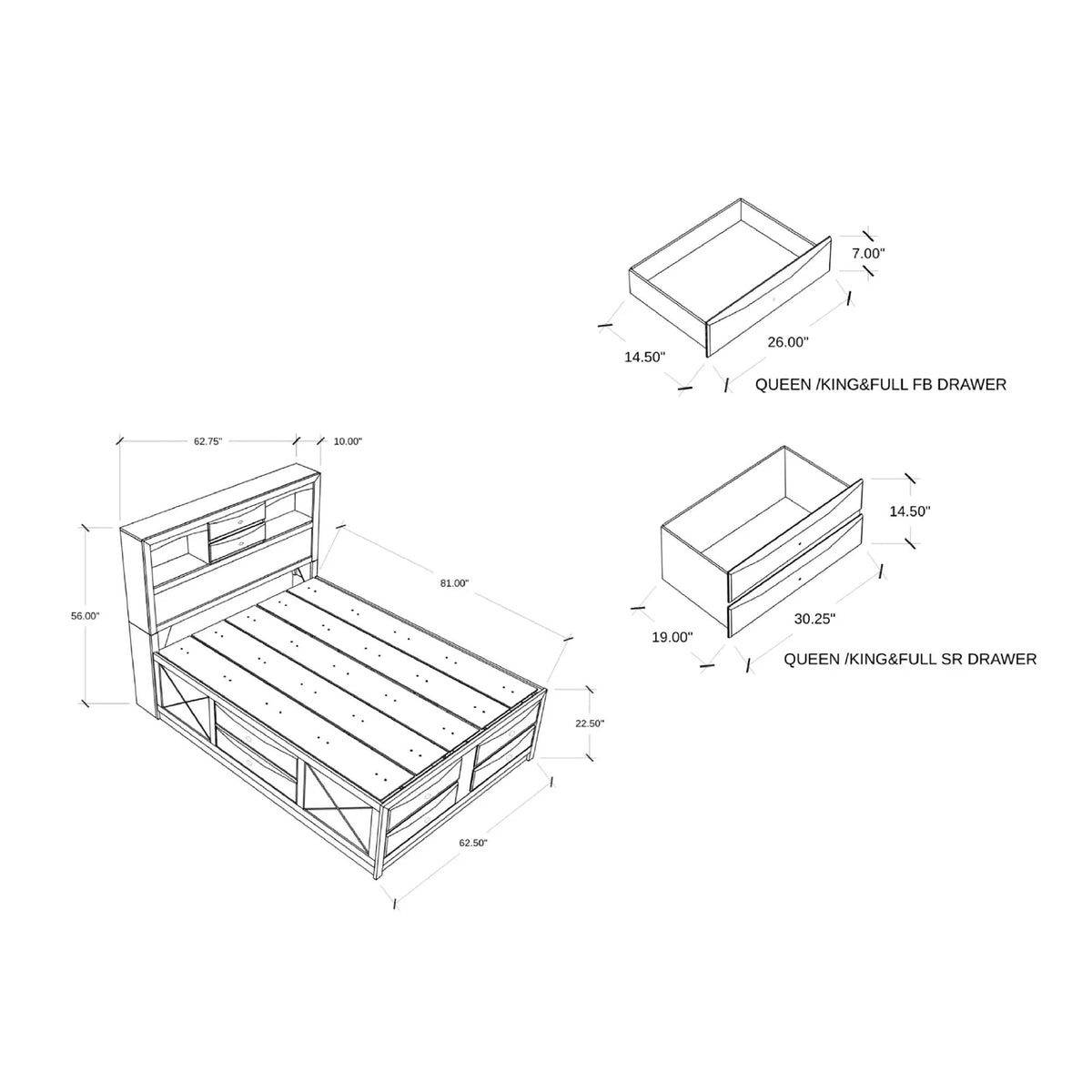Lucille Storage Bed | Bookcase Headboard | Six Drawers | Fully Slatted Design