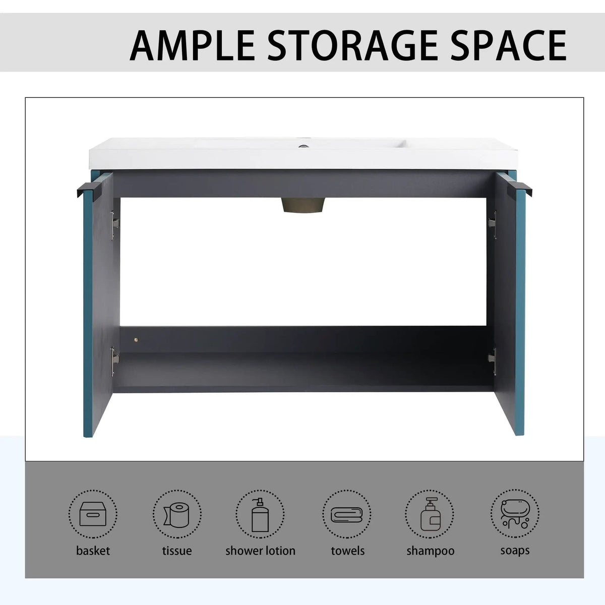 Contemporary Wall Mounted Bathroom Vanity With Resin Double Sink | 6 Pieces | Metal & Plywood | Bathroom