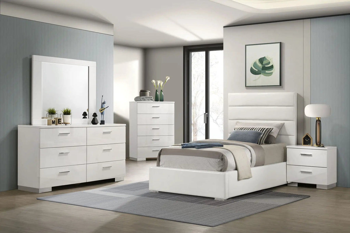 Felicity 5-piece Twin Bedroom Set White High Gloss (Style 2) | 5-Piece Set | Faux Leather & Metal | Bedroom