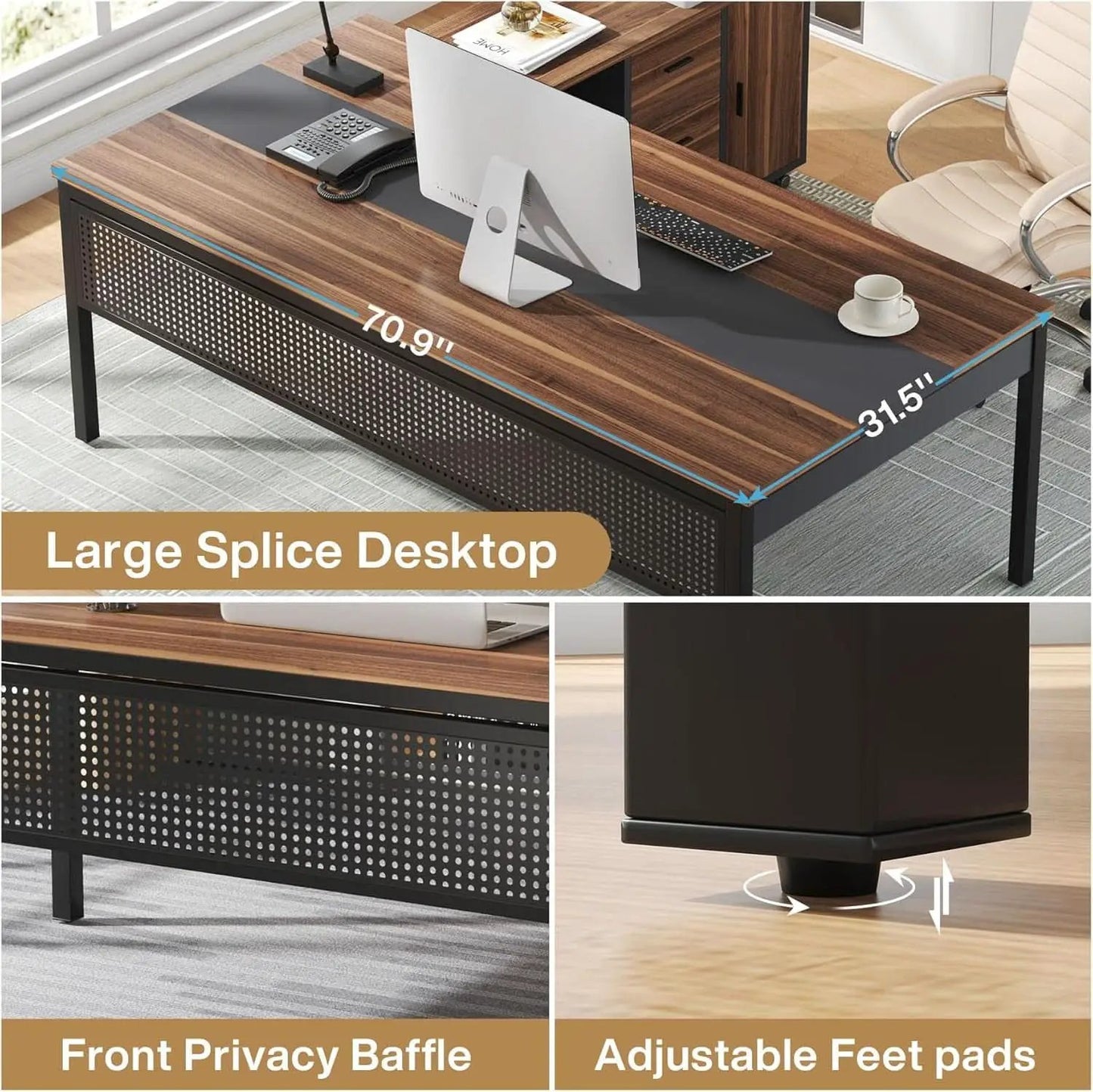71 Inch Walnut Executive L Shaped Desk With File Cabinet from PriceLows™