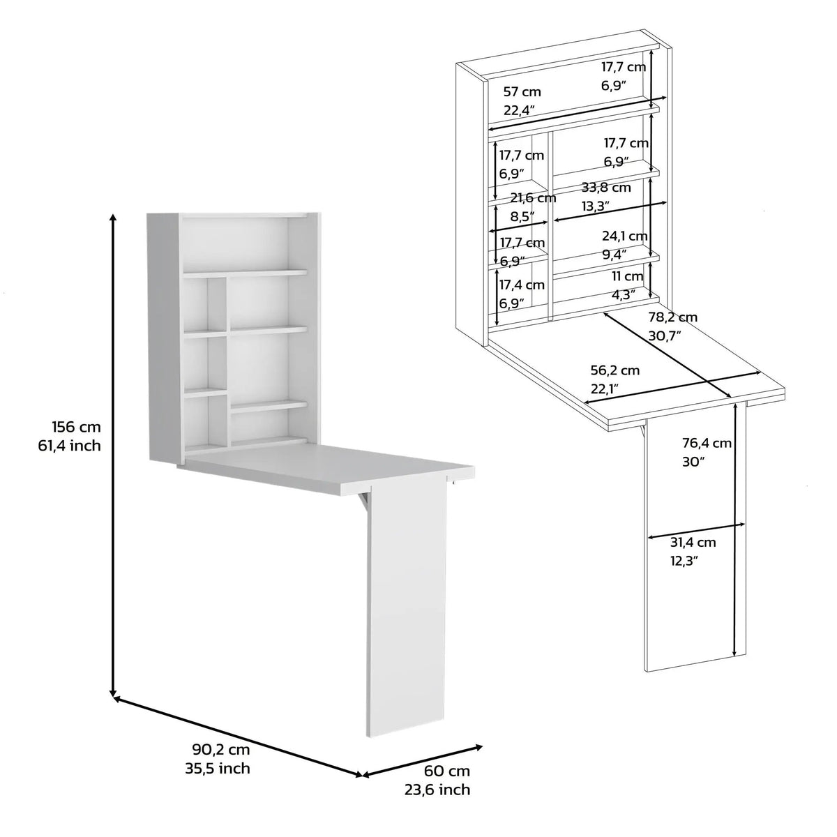 Wall Foldable Table | White | Multiple Shelves | Space-Saving Hutch