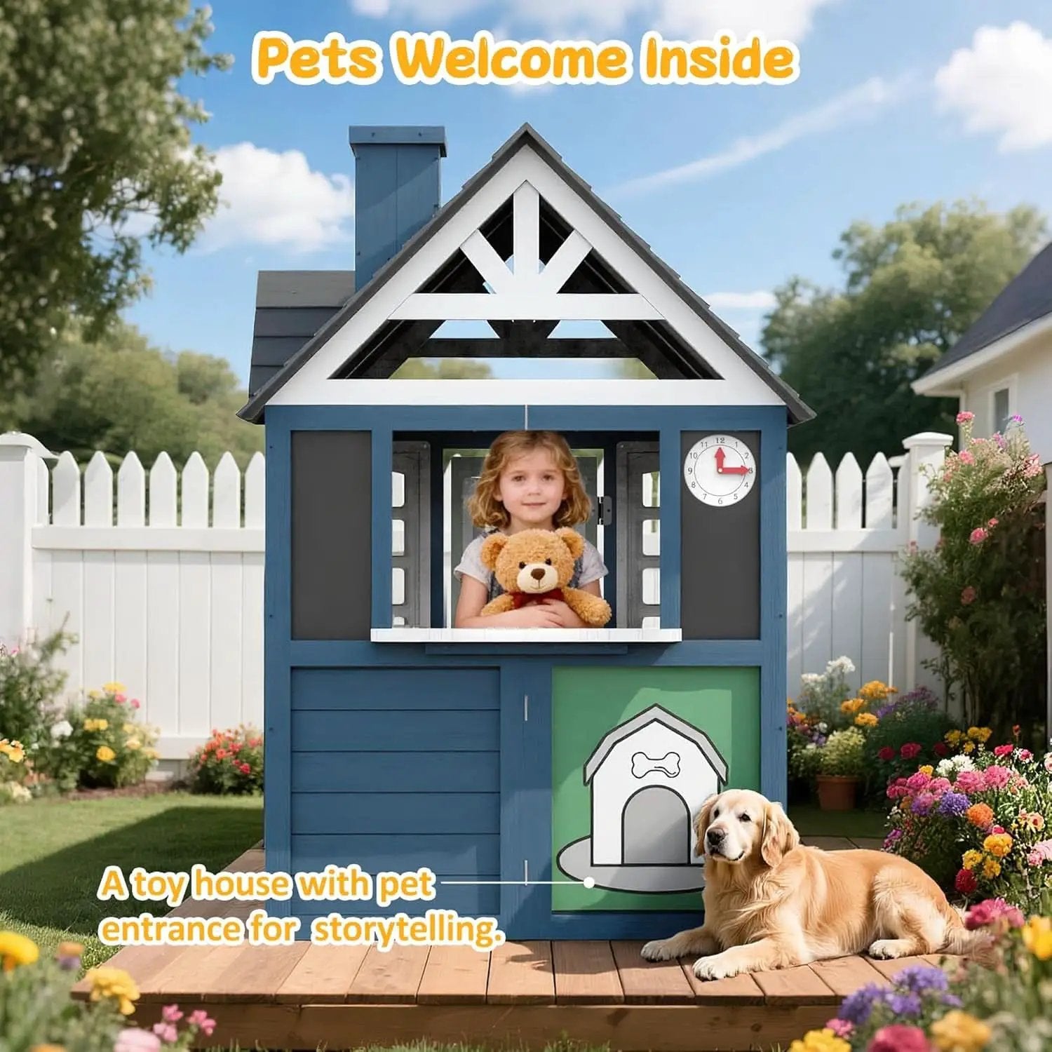 Blue Cedarwood Kids Playhouse Weather Resistant Outdoor from PriceLows™
