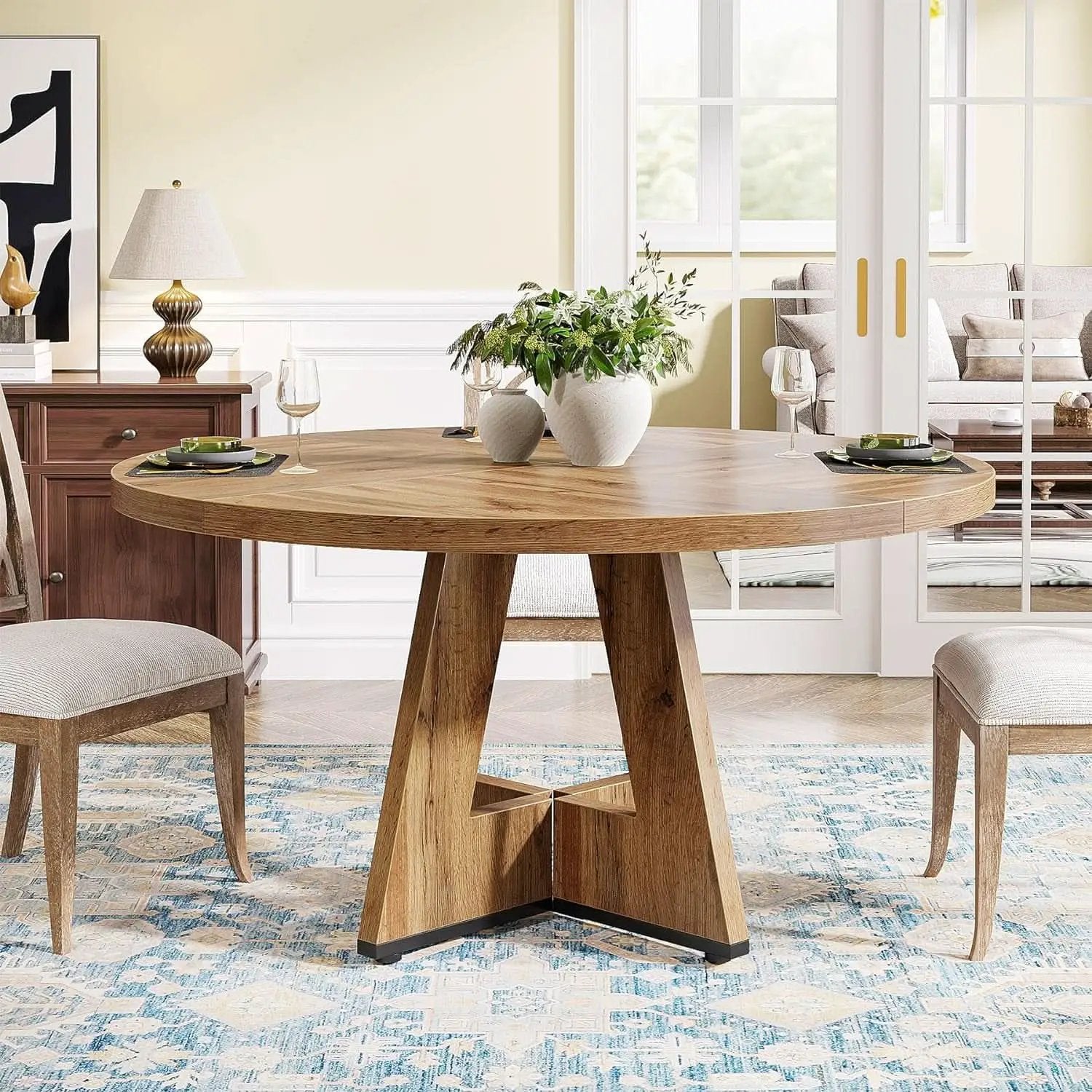 Round Dining Table Wood 47 Inch Burlywood Finish Farmhouse from PriceLows™