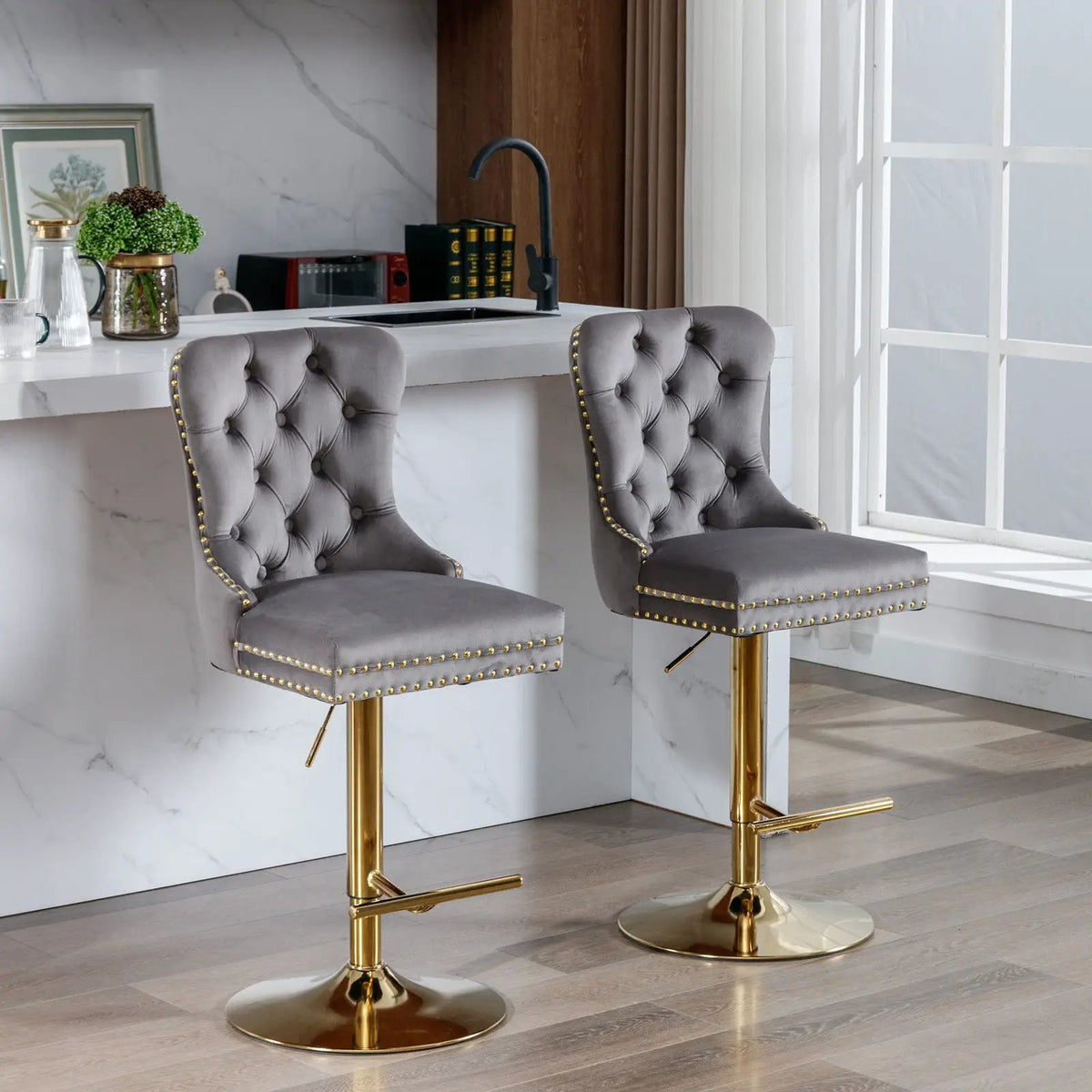 Swivel Barstools | Set Of 2 | Adjustable 25-33 Inch Seat Height | Tufted Back Upholstery