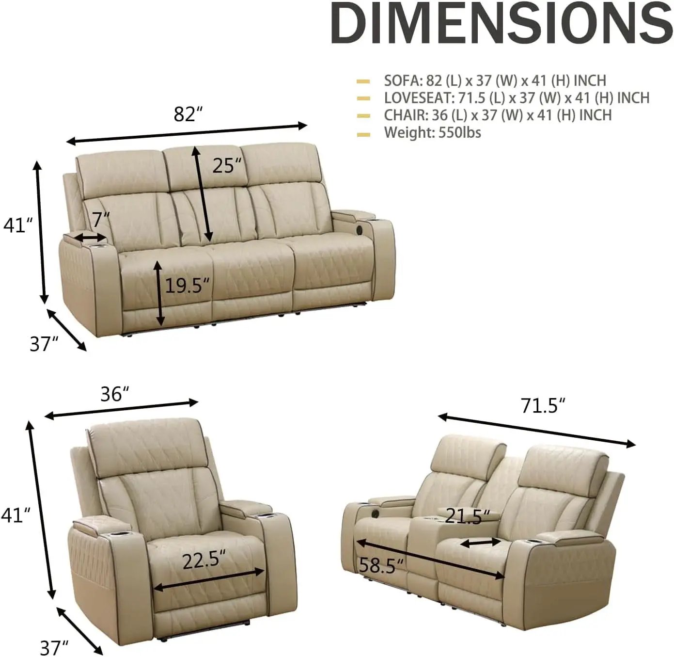 Power Reclining Leather Sofa Set With USB Ports Khaki from PriceLows™