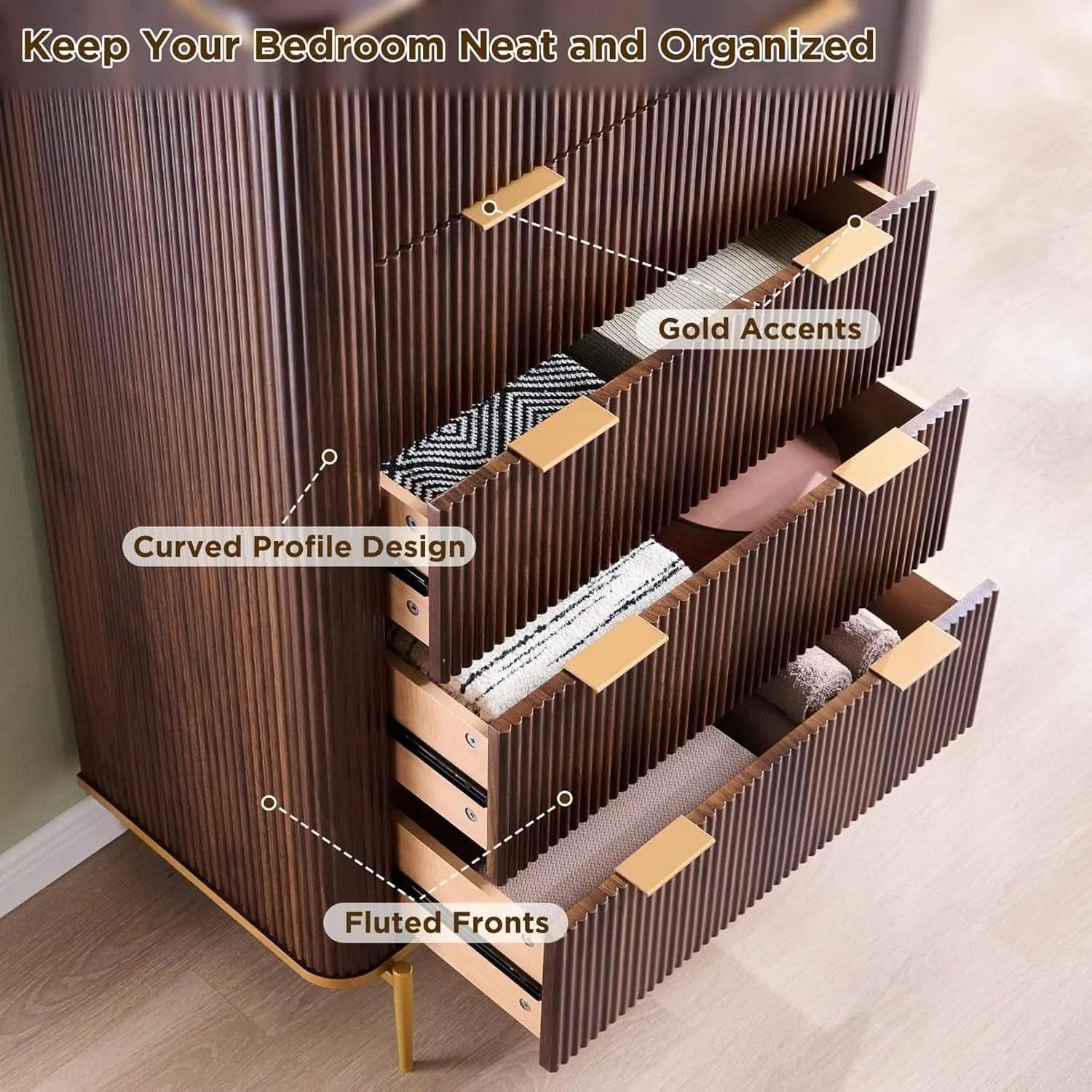 Fluted Five Drawer Dresser Contemporary Dark Walnut from PriceLows™