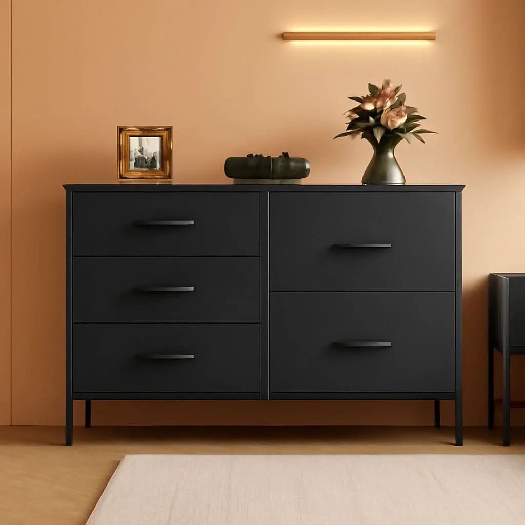 Charcoal Black Fabric Dresser With 5 Drawers For Bedroom Storage from PriceLows™
