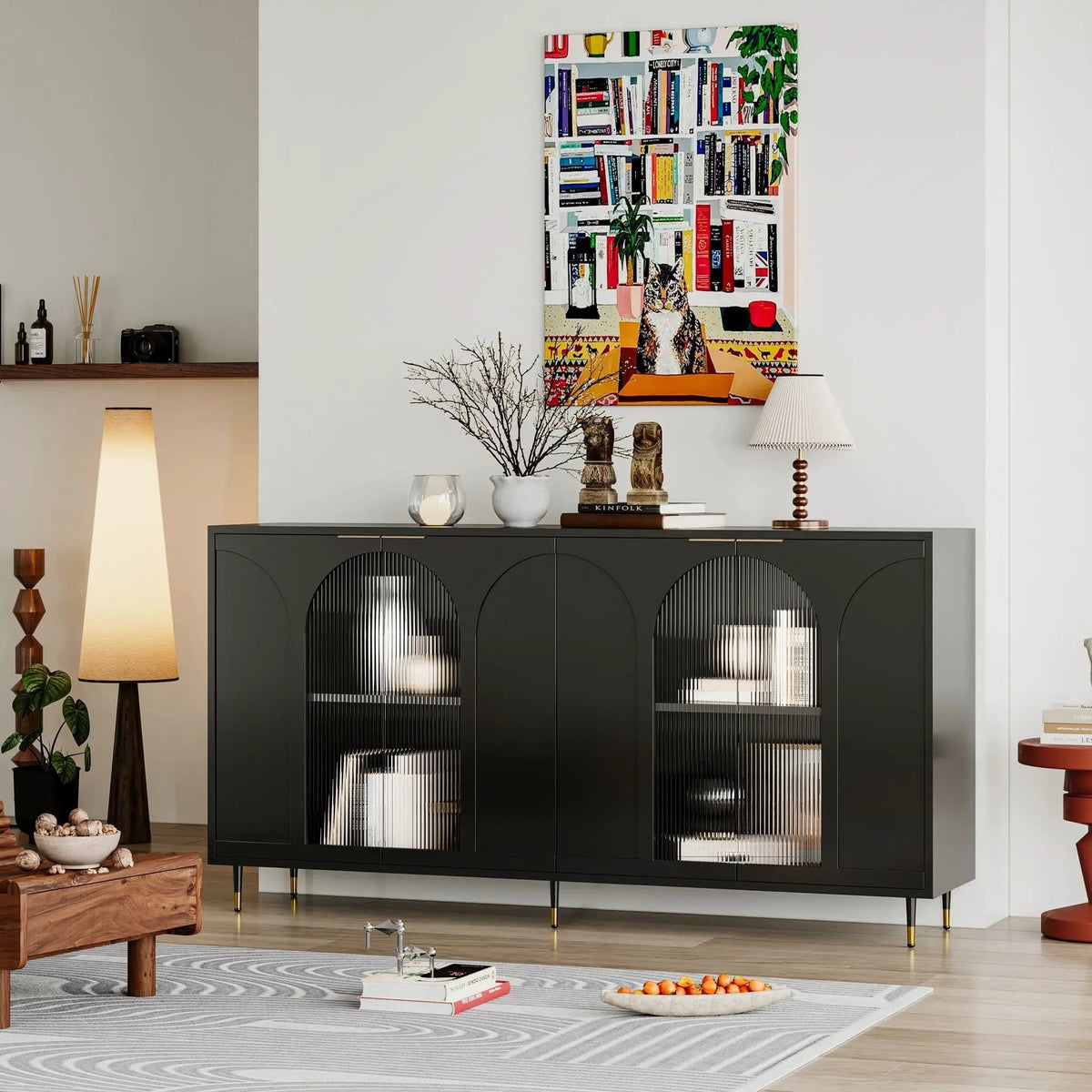 Accent Cabinet Lacquered Wooden Cabinet With 4 Glass Doors Sideboard Buffet Server | 59.84 x 15.75 x 33.46 in | Glass & Metal | Dining Room