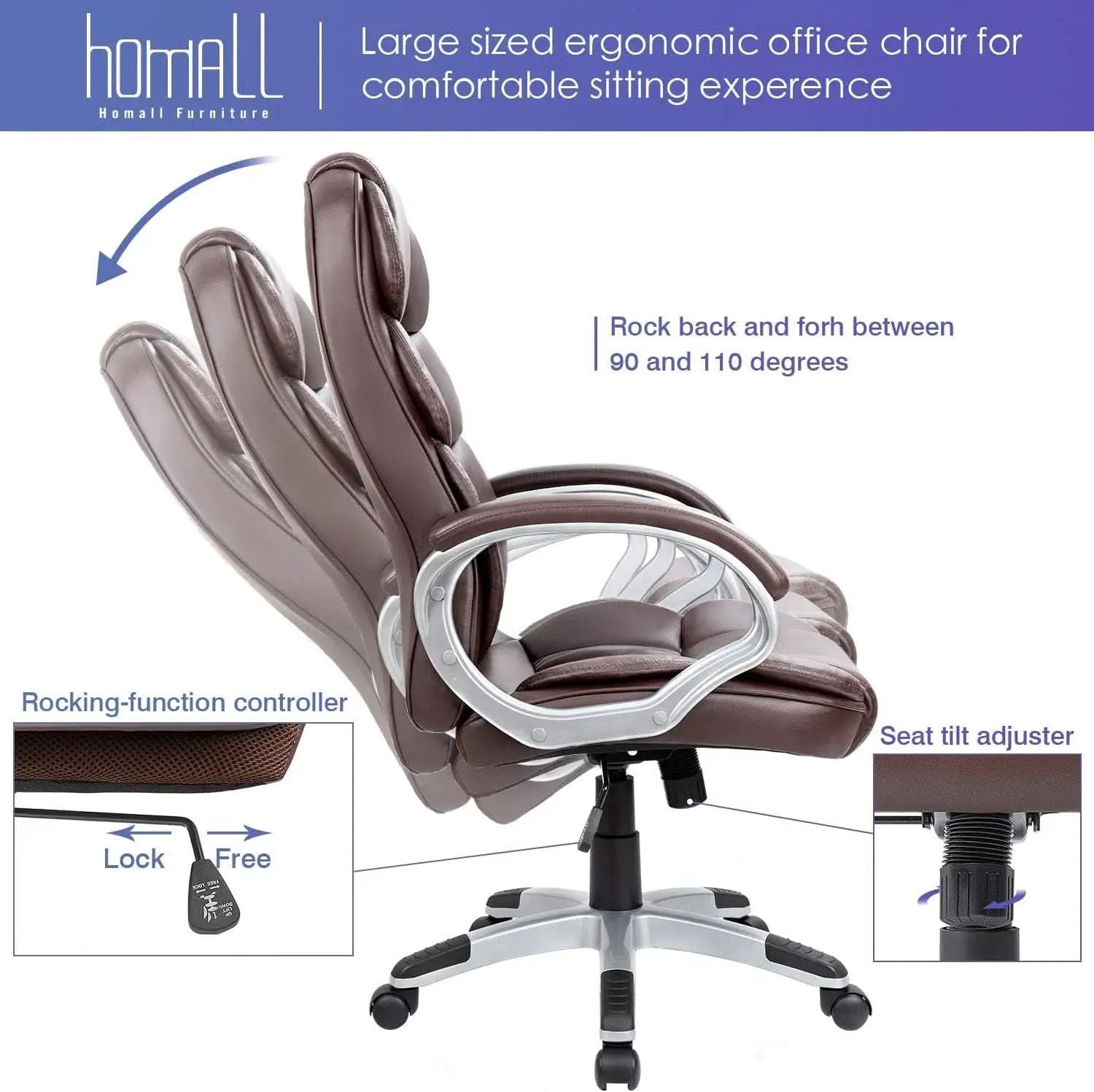 Ergonomic High Back Office Chair Lumbar Brown PU Leather from PriceLows™