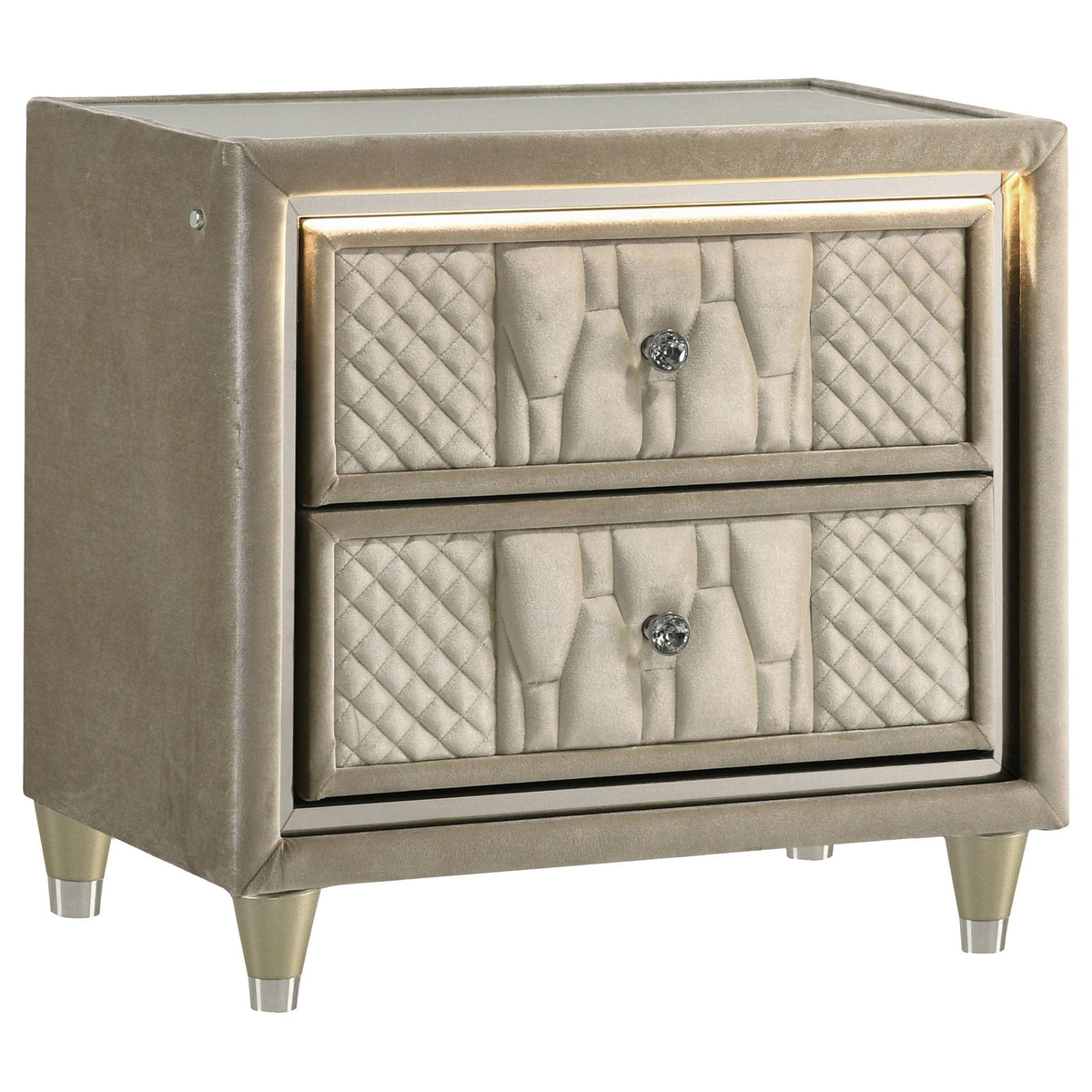 Lorient 2-drawer LED Nightstand with USB Ivory and Camel Nightstands w/ Charging | 27.75 x 16 x 26.25 in | Rubberwood & Velvet | Bedroom