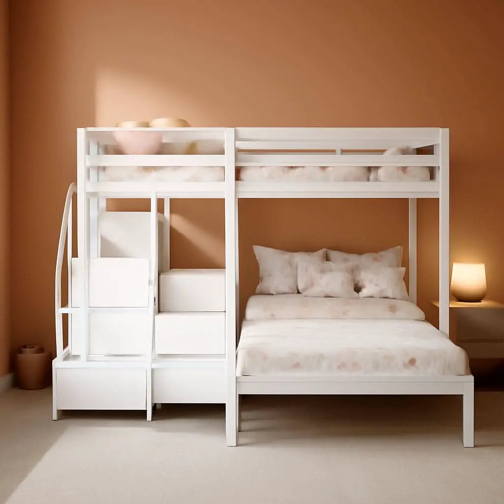 White Solid Wood Triple Bunk Bed With Storage Stair from PriceLows™
