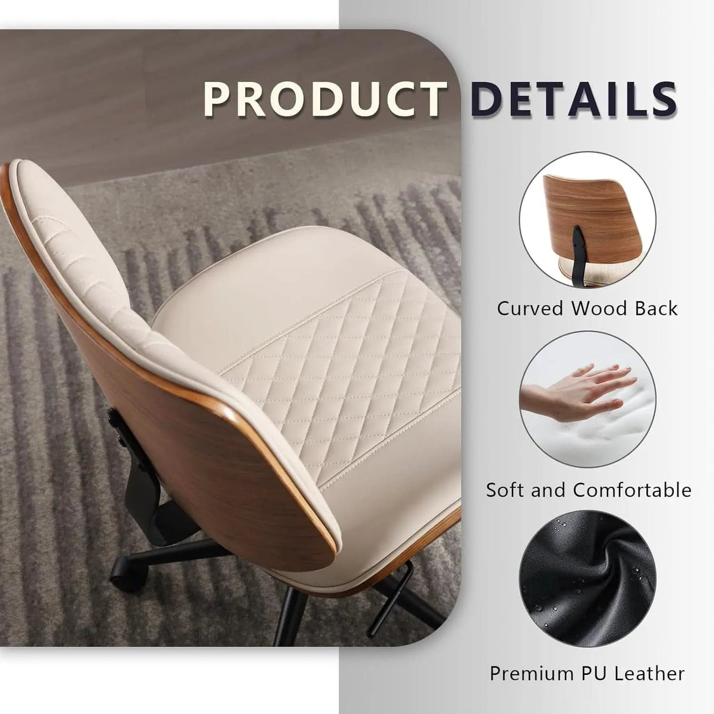 Armless Office Chair With Wheels Beige PU Leather Ergonomic from PriceLows™