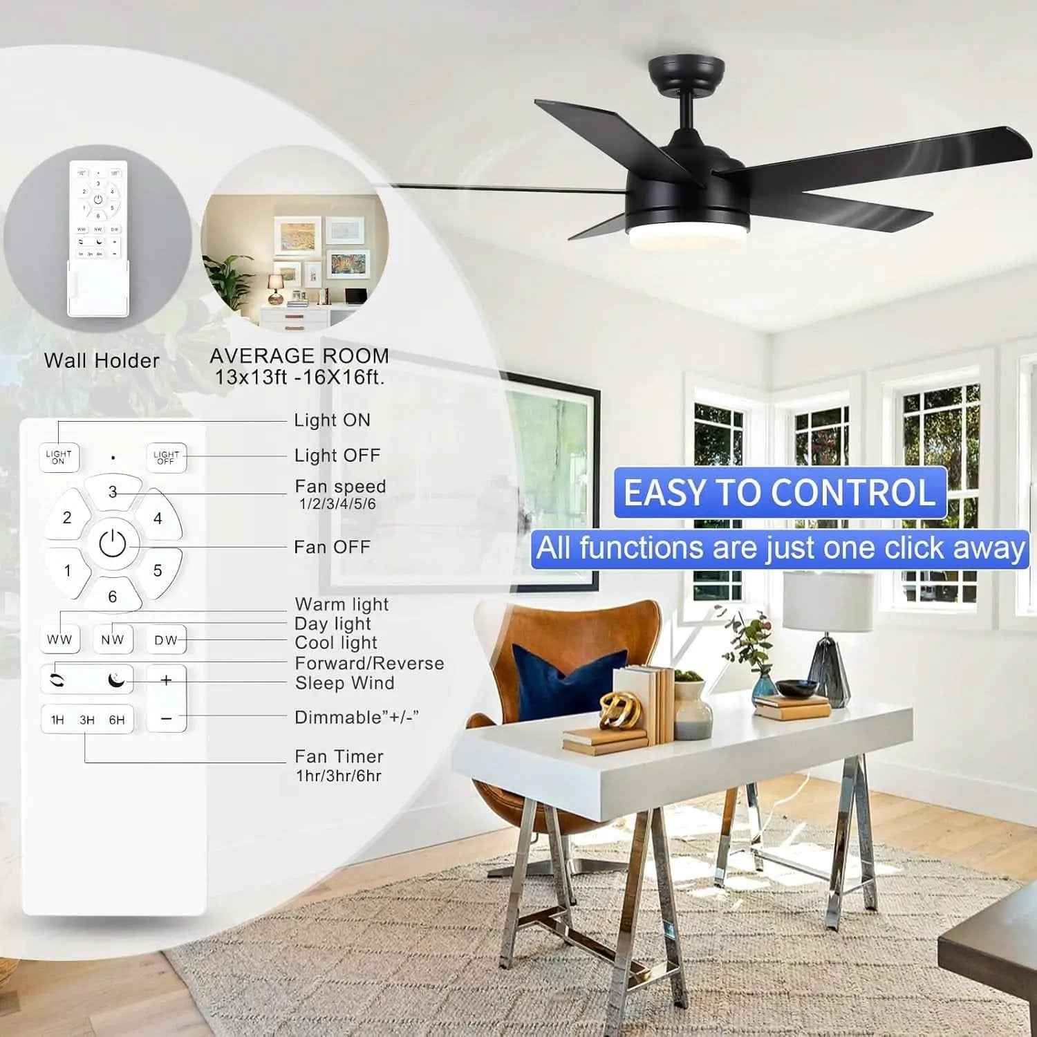 52 Inch Black Ceiling Fan With Dimmable 3 Color LED Lights And Remote from PriceLows™