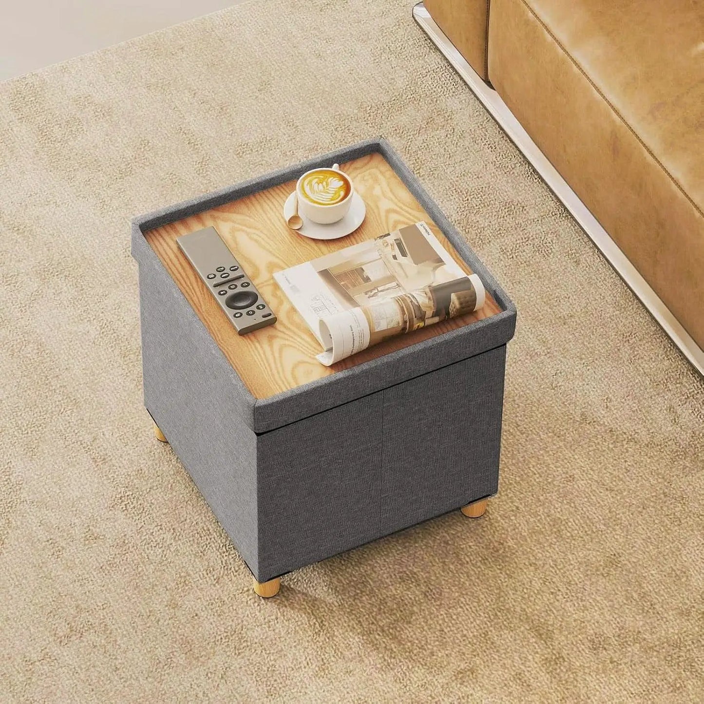 Linen Fabric Storage Ottoman Cube With Tray Lid Elevated Legs 18 Inch from PriceLows™
