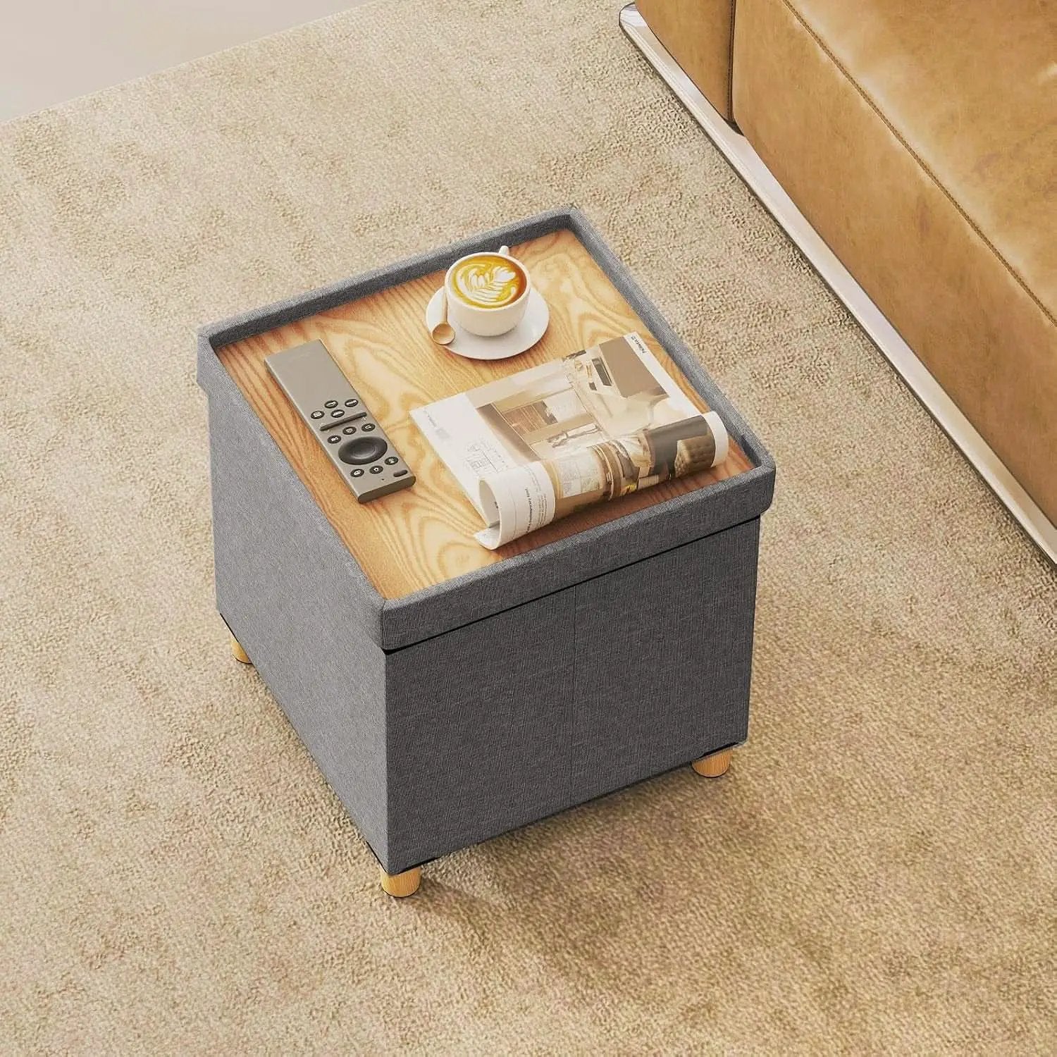 Linen Fabric Storage Ottoman Cube With Tray Lid Elevated Legs 18 Inch from PriceLows™
