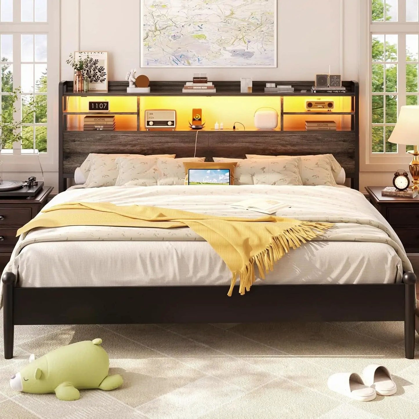 Modern Queen Size Headboard with Storage and USB Ports from PriceLows™