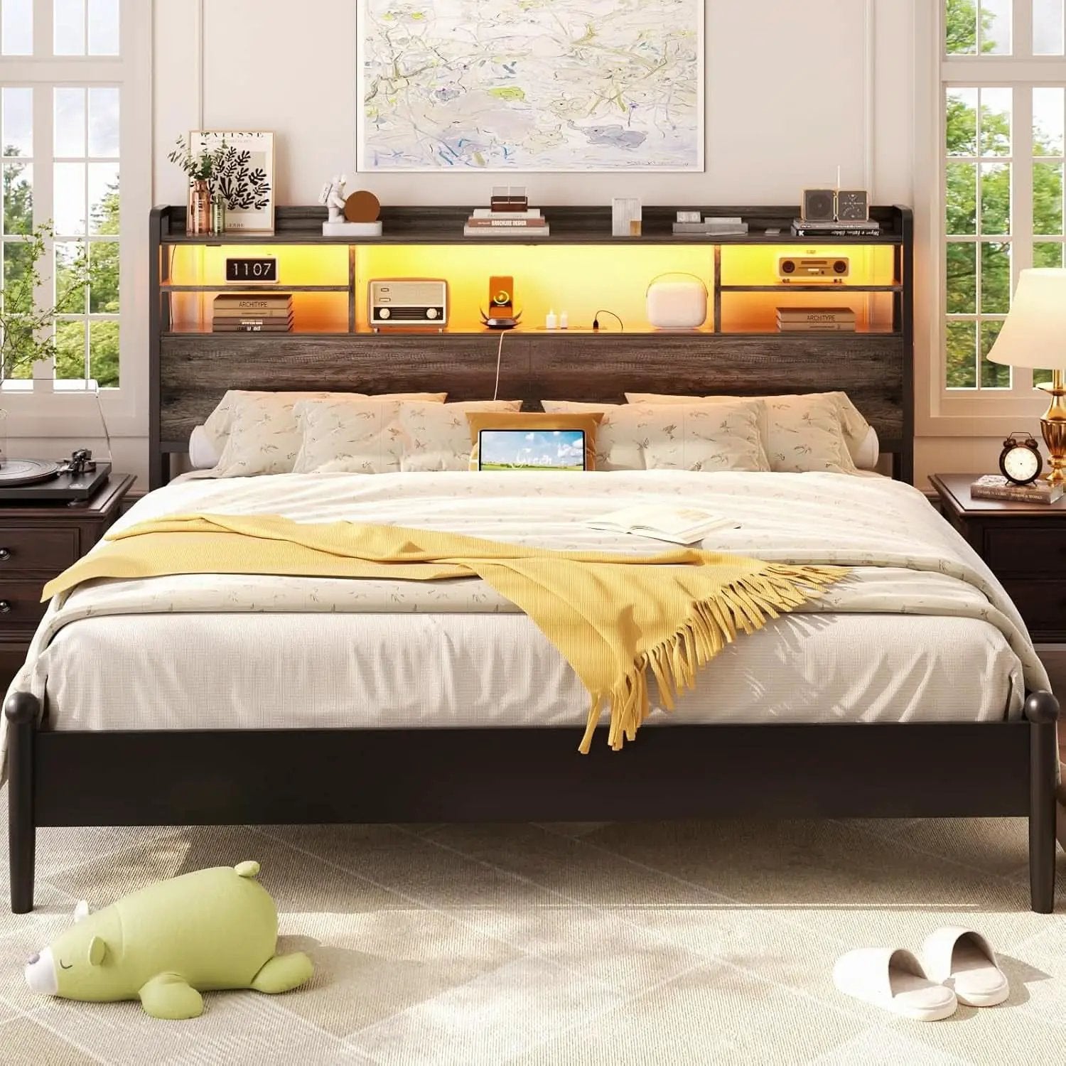 Modern Queen Size Headboard with Storage and USB Ports from PriceLows™