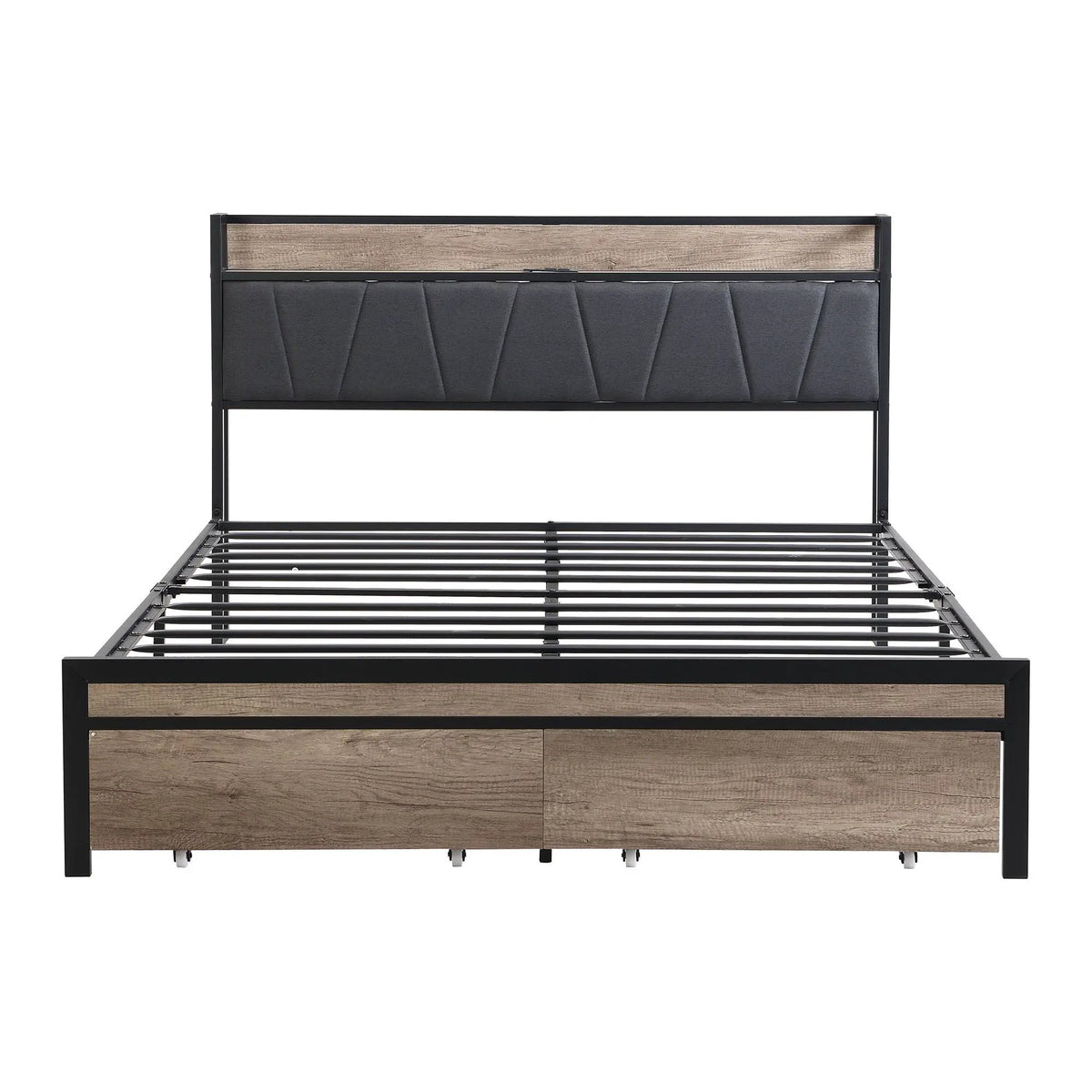 Modern Storage Bed Frame | LED Lights With Remote | Upholstered Headboard | USB Charging Station