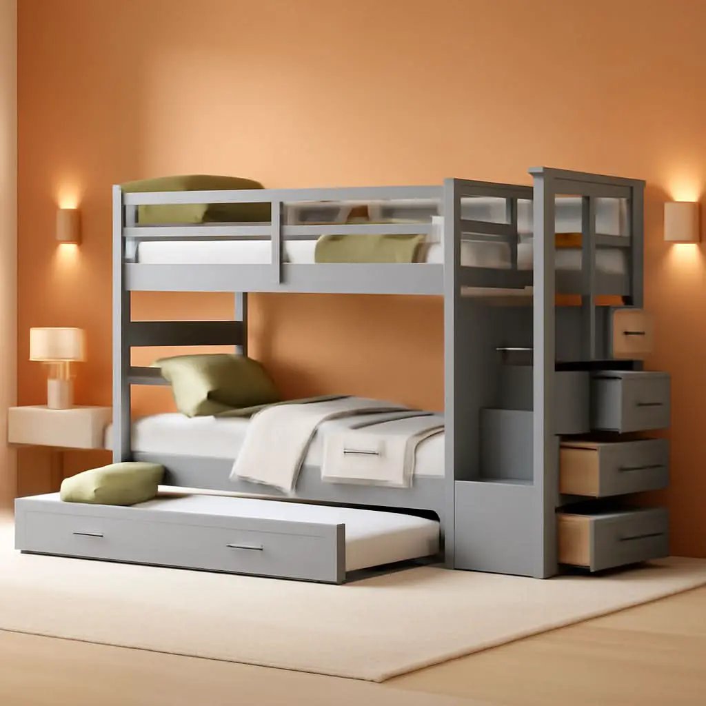 Natural Gray Twin Bunk Bed With Trundle And Stairs from PriceLows™