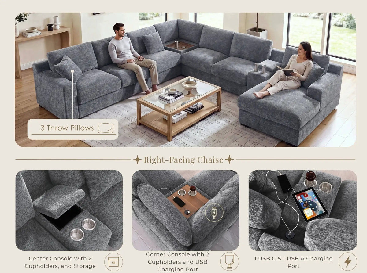 Celine Fabric Corner Sectional Sofa With Right-Facing Chaise, Cupholders, And | 3 Pieces | Fabric | Living Room