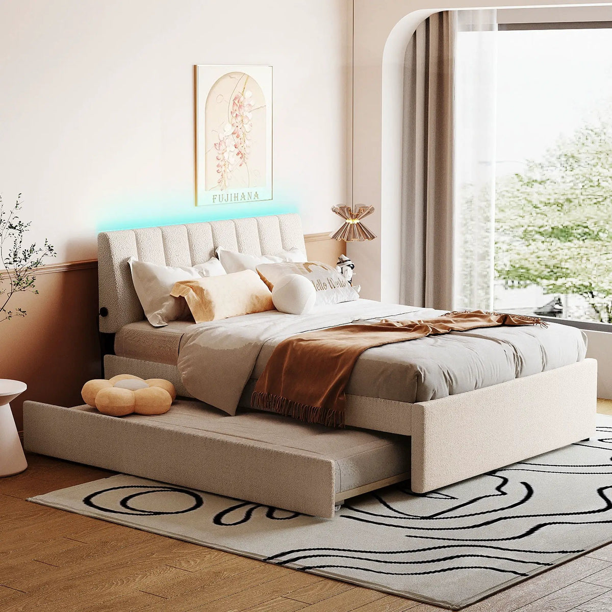 Upholstered Platform Bed | Trundle Included | Comfortable Design | 76 Inch Length
