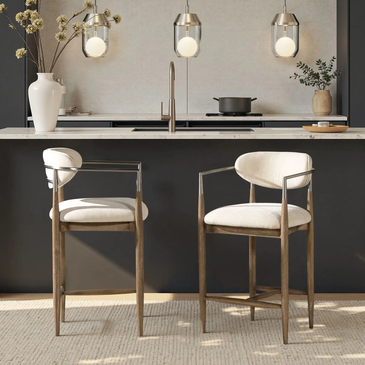 Artemis Mixed Material Upholstered Counter Stool Counter Height (24"-27") | 21 x 21 x 37 in | Rubberwood | Warm White