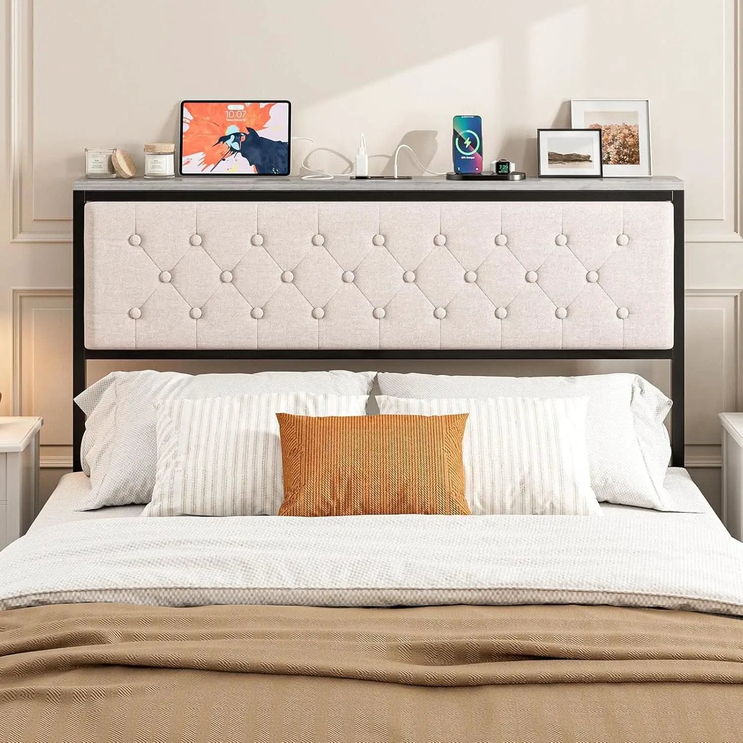 Queen Size Upholstered Headboard with Storage and Charging from PriceLows™