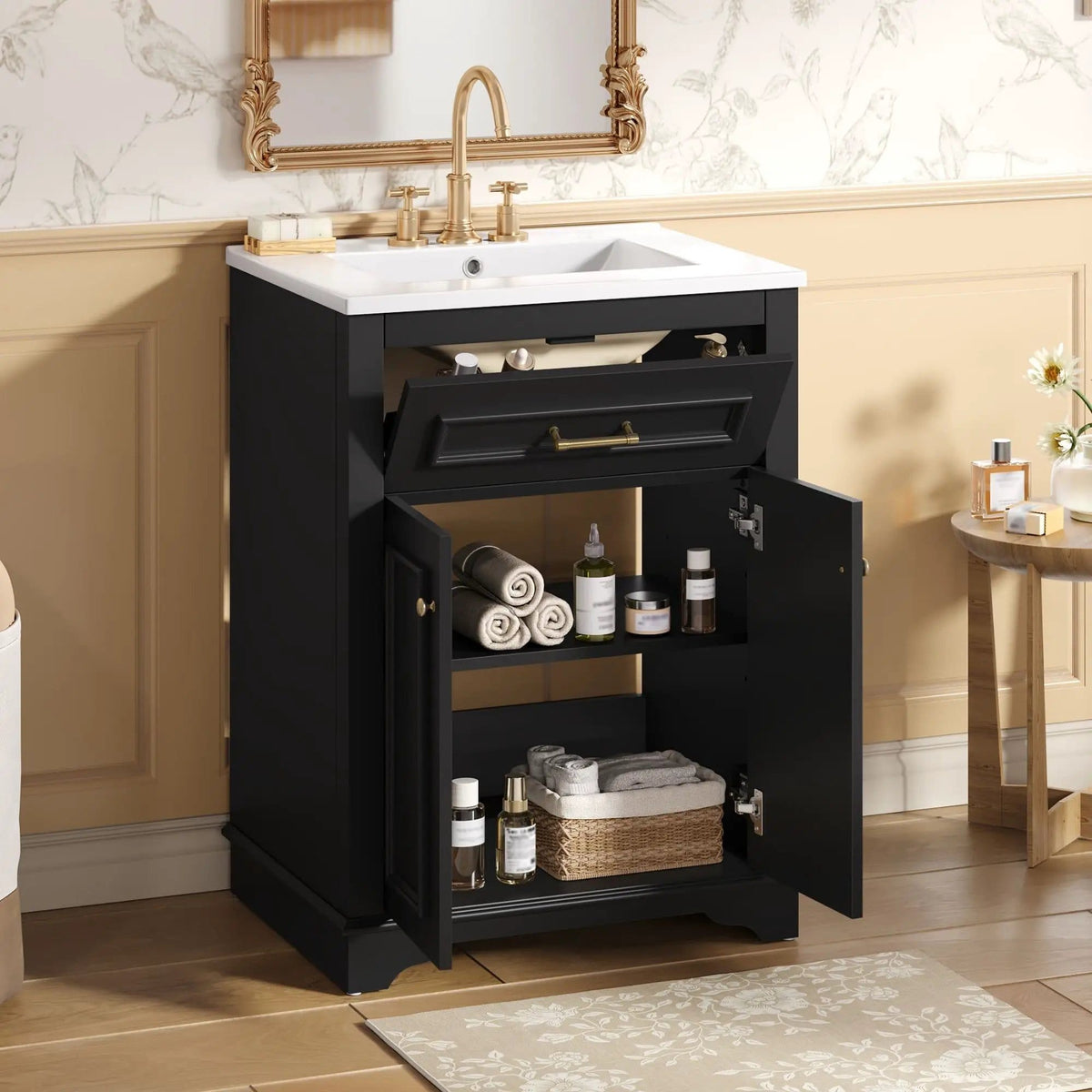 Bathroom Vanity With Integrated Sink, 2 Door Cabinet With Tip Out Drawer | 3 Pieces | Solid Wood & Iron | Bathroom