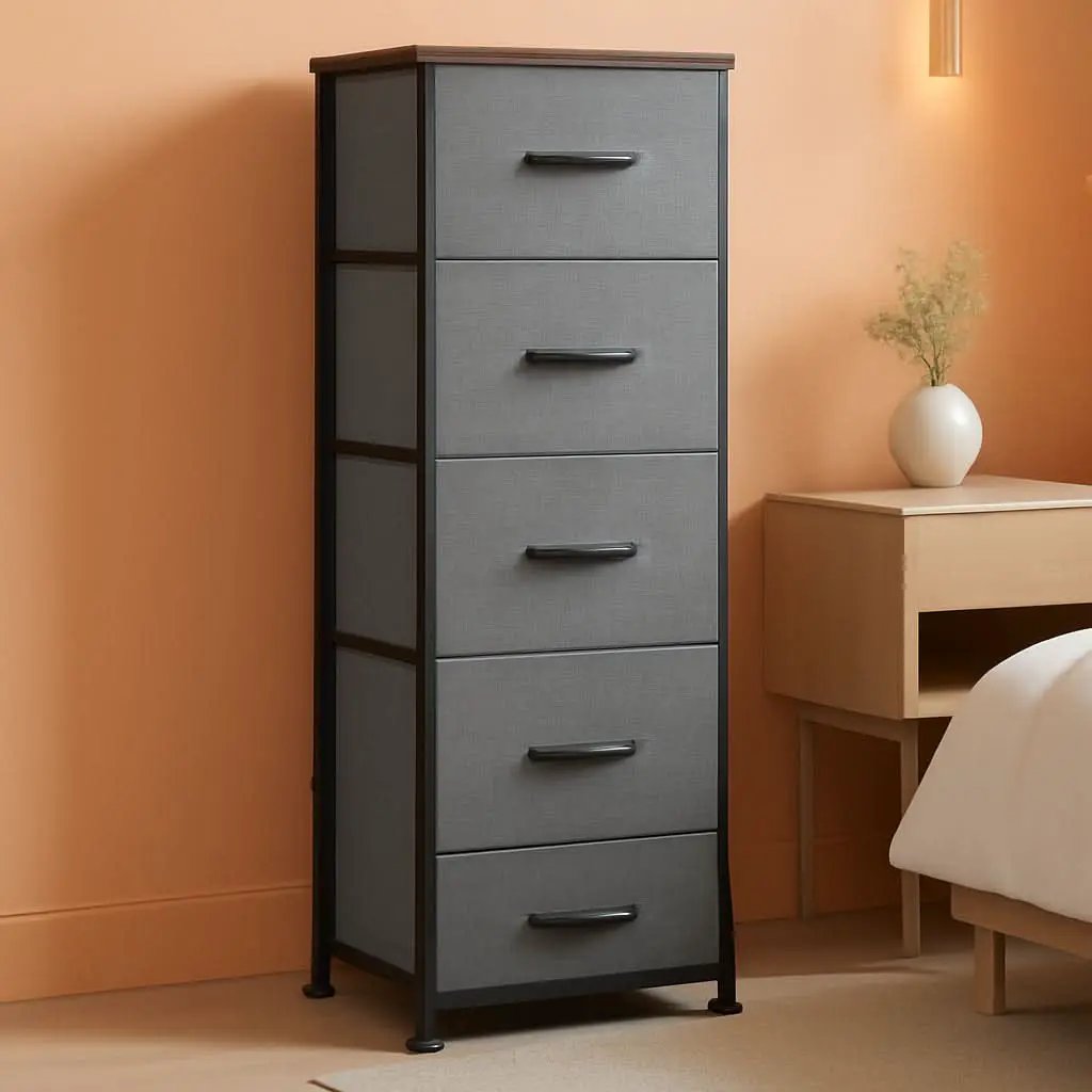 Dark Grey Fabric Dresser 5 Drawer Tall Storage Unit from PriceLows™