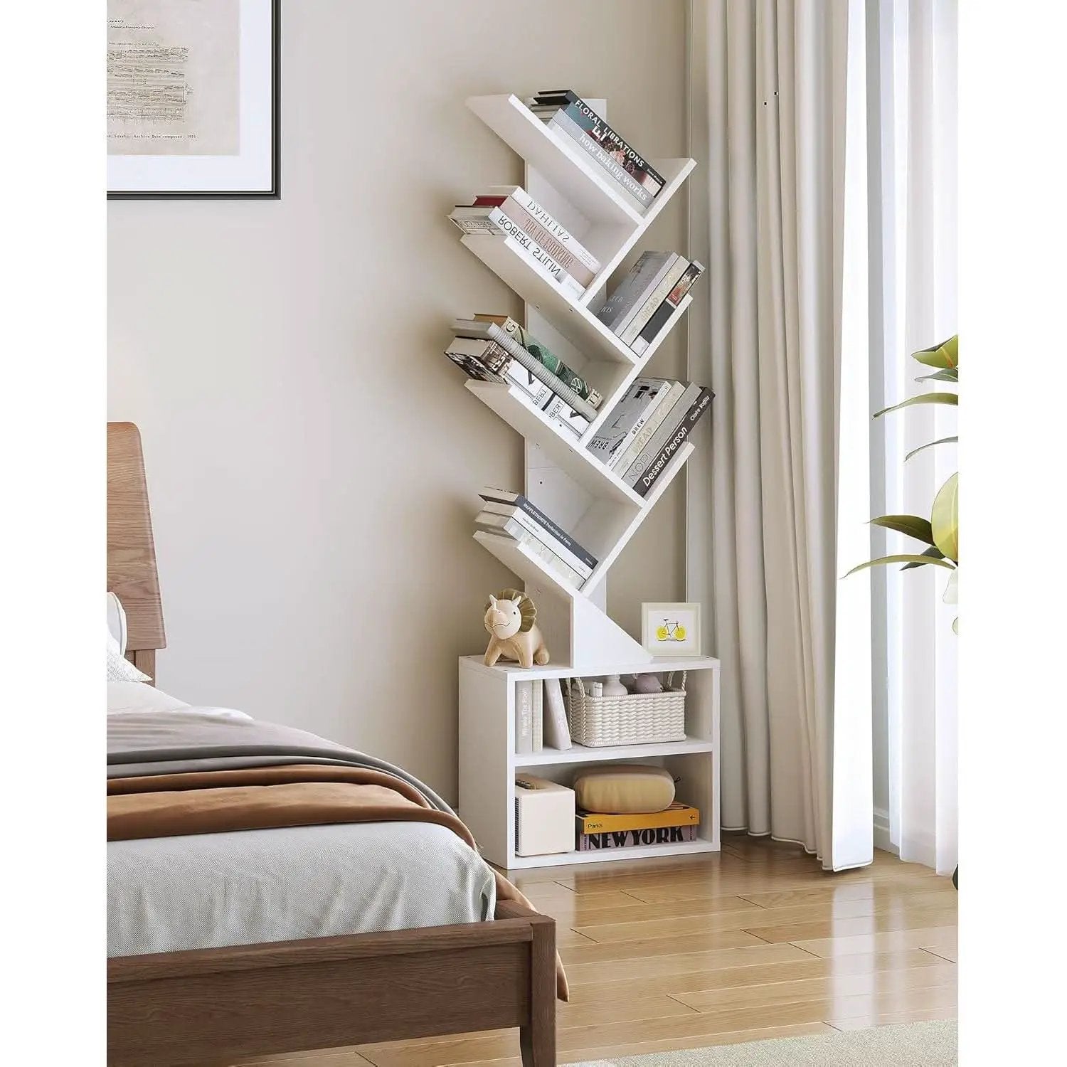 6 Tier Tree Bookshelf Tall Bookcase With Storage Cabinet White from PriceLows™