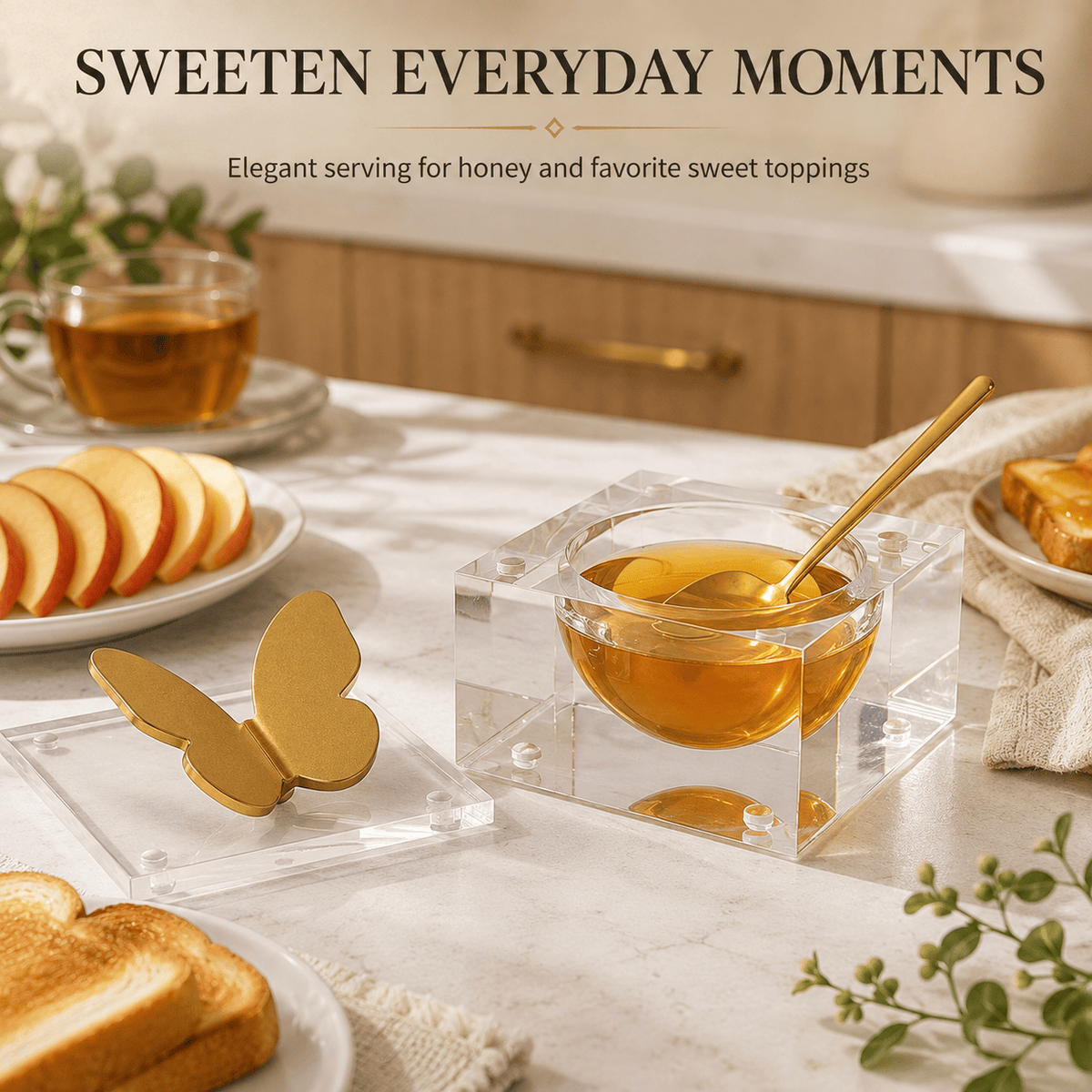 Butterfly Honey Dish with Gold Spoon Clear Glass Sweet Dessert Bowl | Glass | Serveware | Entertaining