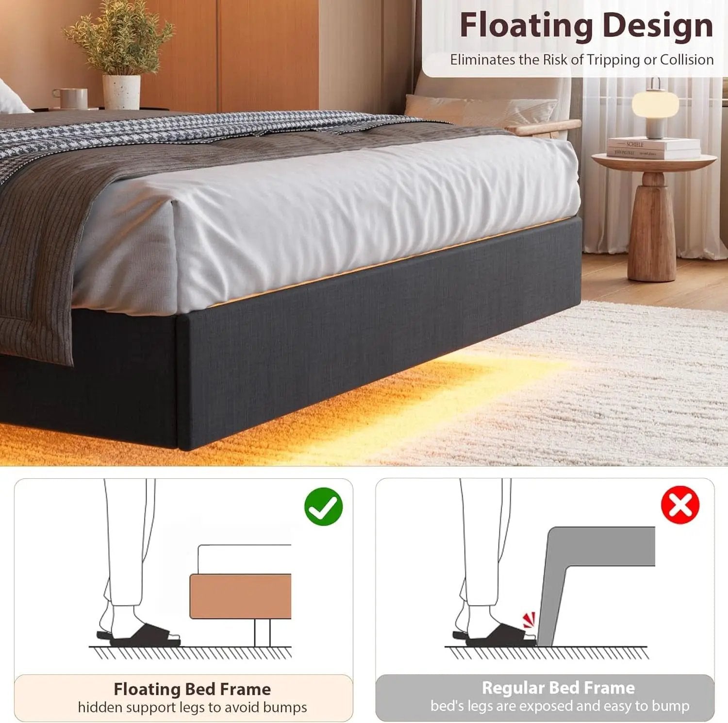 Black Floating Full Bed Frame With Storage Headboard from PriceLows™