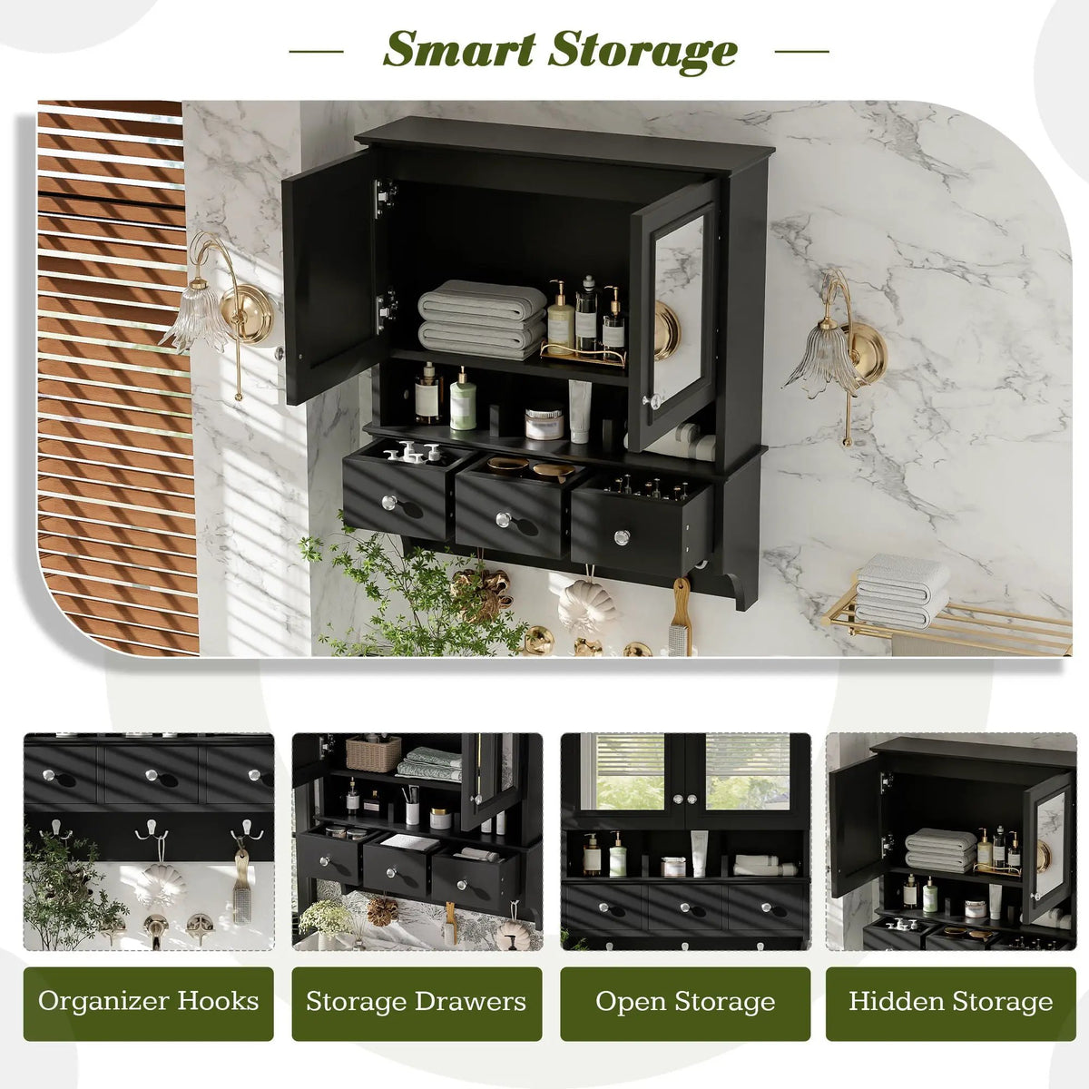 Bathroom Mirror Cabinet With Drawers | Organizer Hooks | High-Definition Mirrors | Soft-Close Hardware