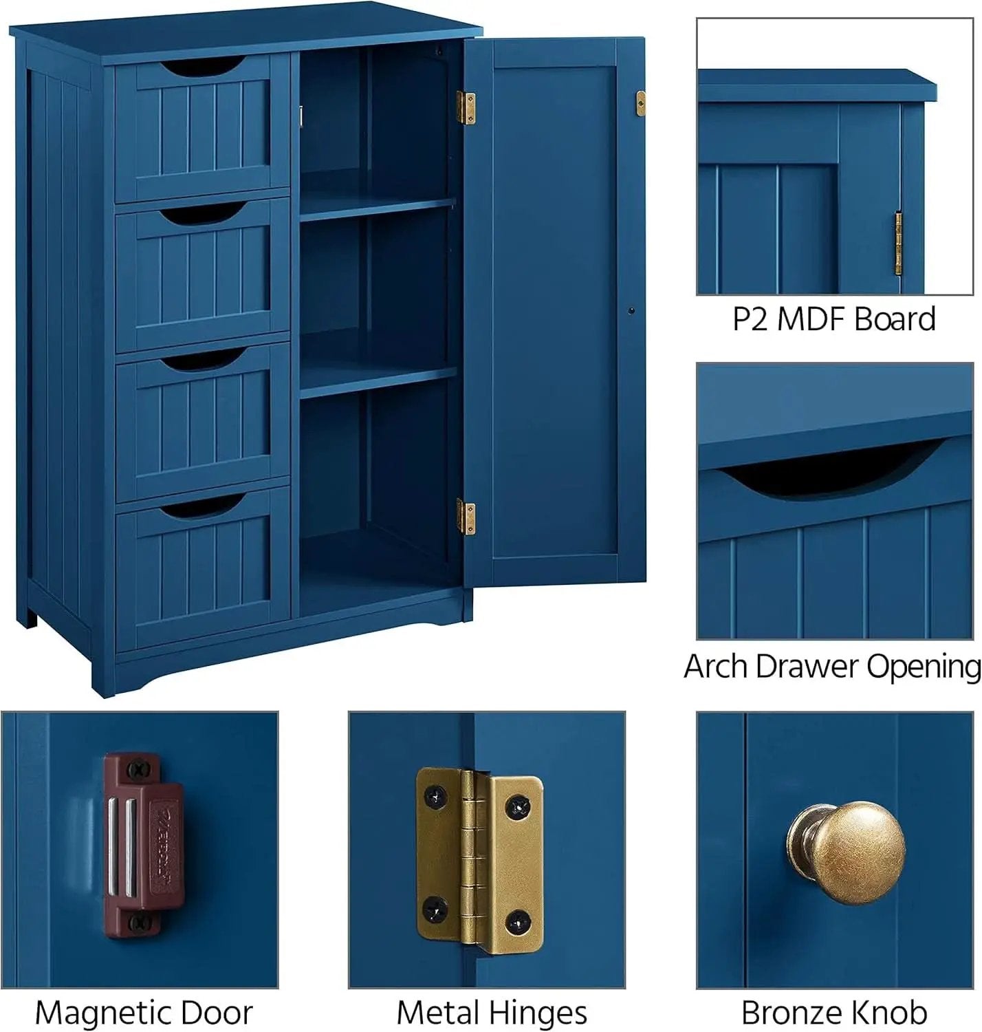 Navy Blue Wooden Bathroom Floor Cabinet With 4 Drawers And Cupboard from PriceLows™