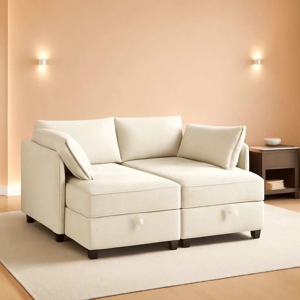Beige Modular Sectional Sofa Featuring Sleeper Storage from PriceLows™