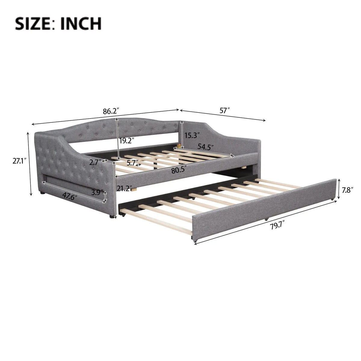 Daybed With LED Lights | Upholstered Trundle Daybed | Thickly Padded Sponge | 84 Inch Length