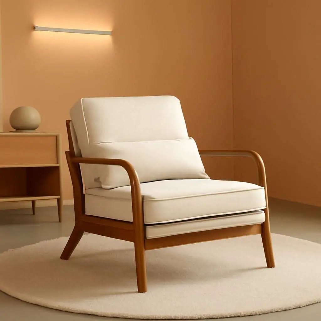Beige Linen Fabric Mid Century Upholstered Accent Chair from PriceLows™