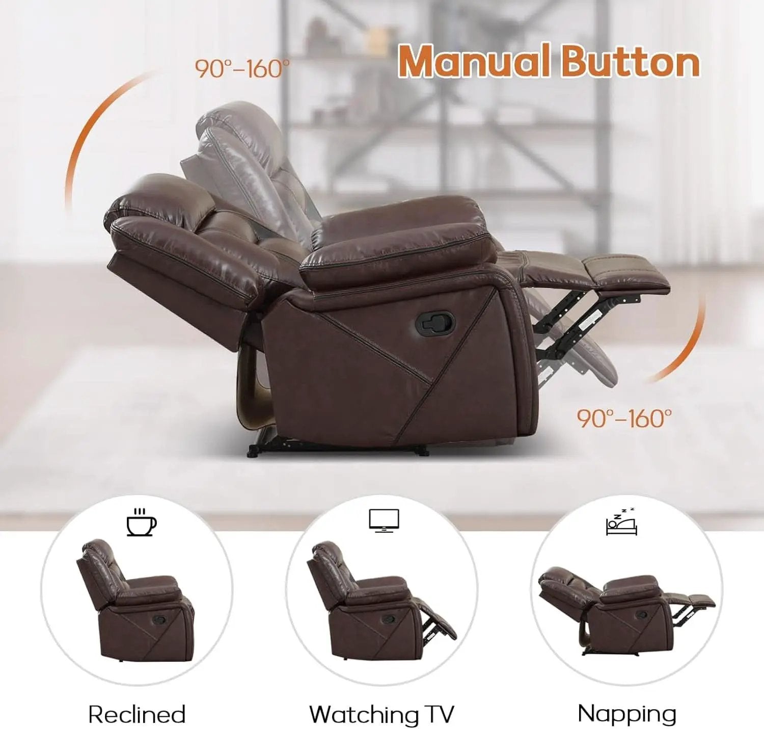 Three Seat Manual Reclining Sofa Dark Brown Faux Leather from PriceLows™