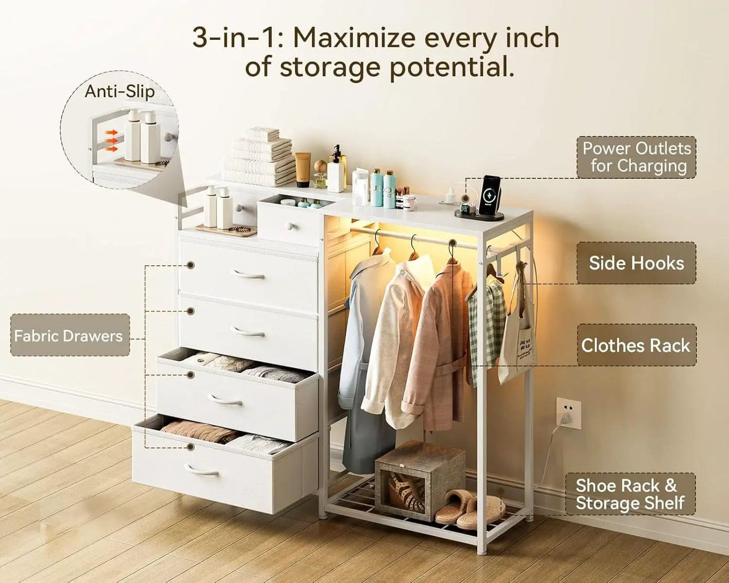 43Inch White Dresser With Hanging Rack AmbientLEDLighting from PriceLows™