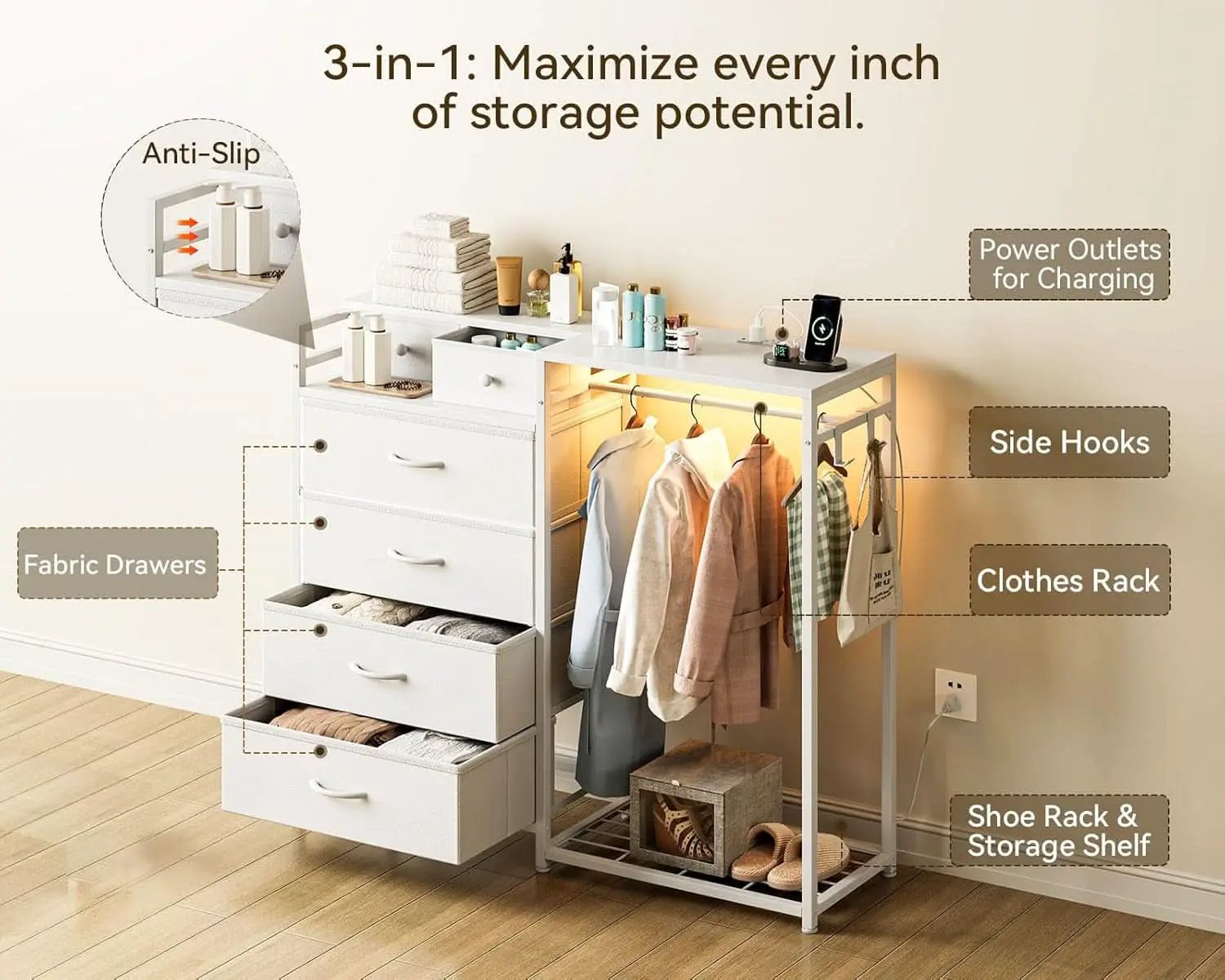 43Inch White Dresser With Hanging Rack AmbientLEDLighting from PriceLows™