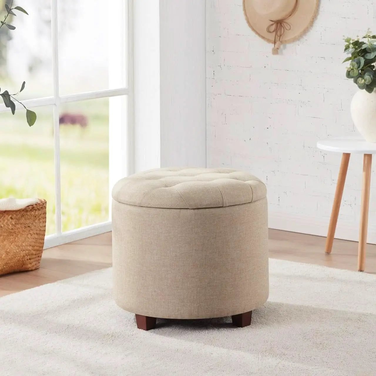 Linen Beige Round Storage Ottoman Living Space Bundle from PriceLows™