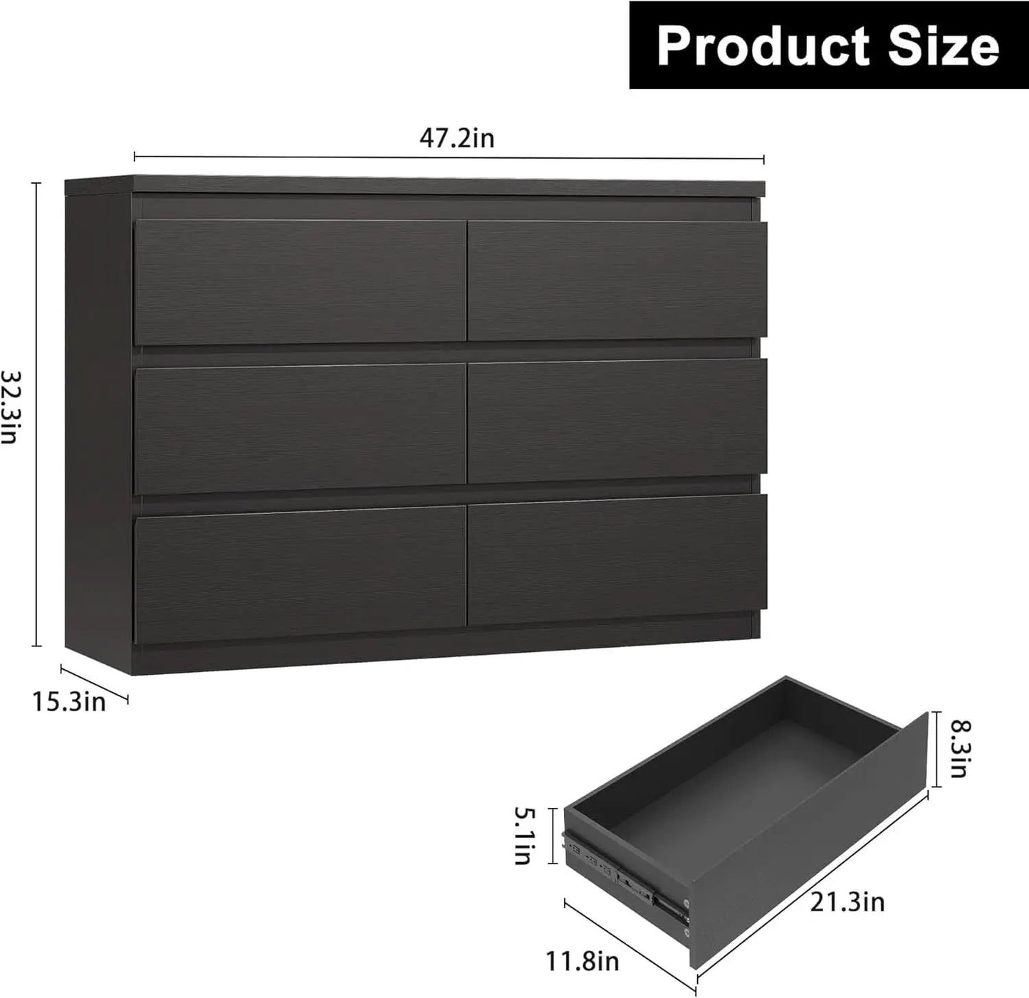 Black Six Drawers Solid Wood Dresser Sturdy Construction from PriceLows™