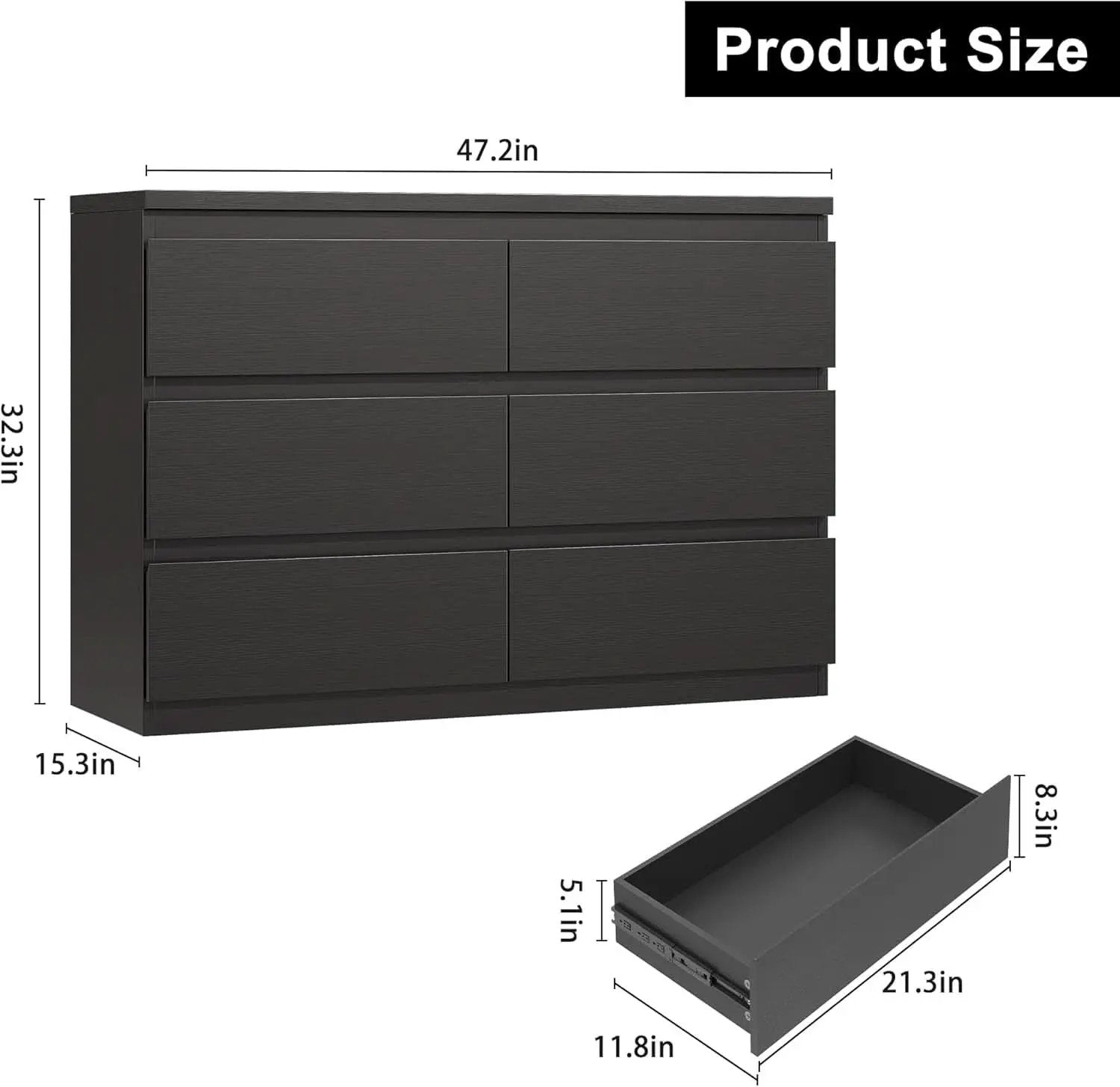 Black Six Drawers Solid Wood Dresser Sturdy Construction from PriceLows™