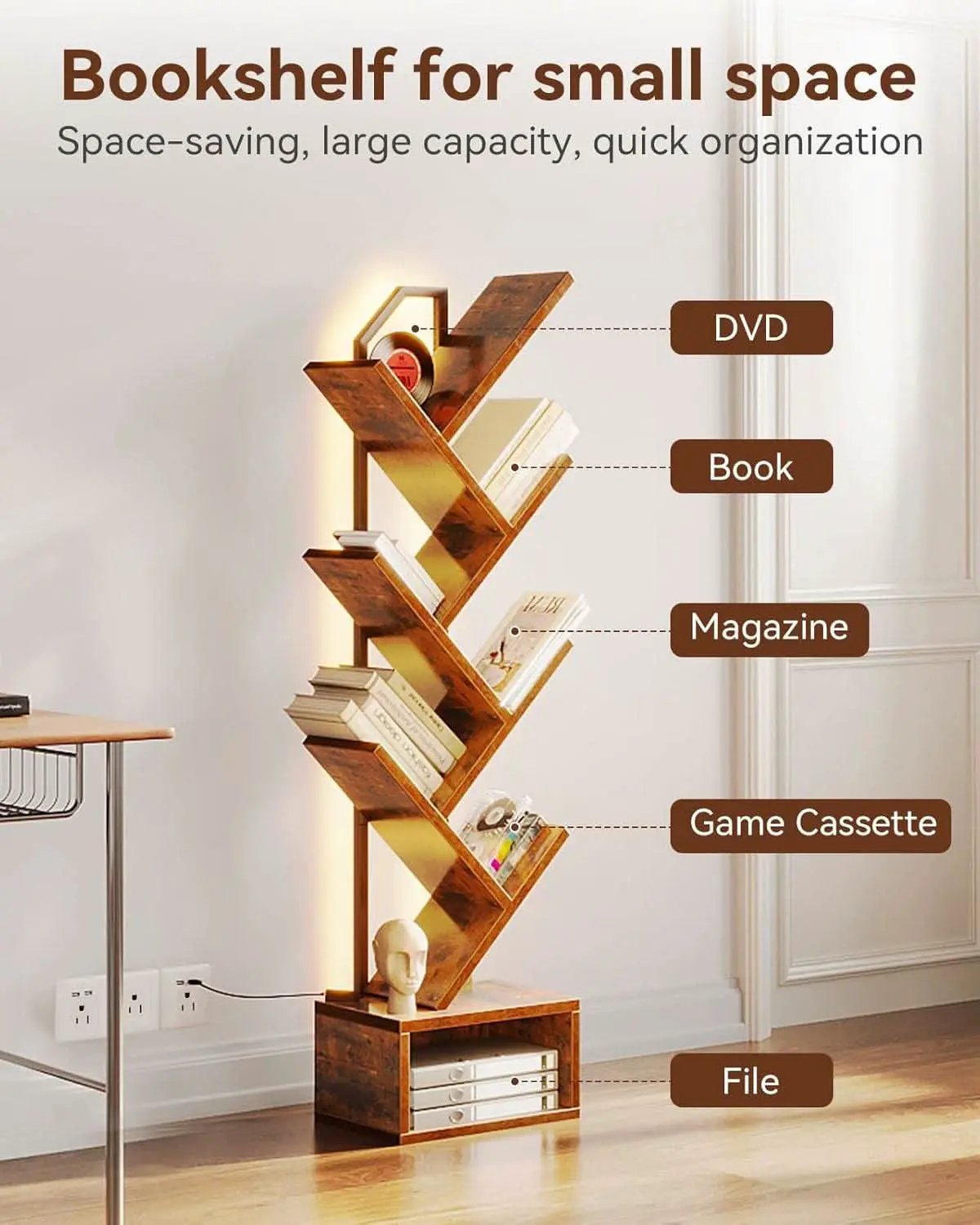 Six Tier Tree Bookshelf With LED Lights Narrow Floorstanding from PriceLows™