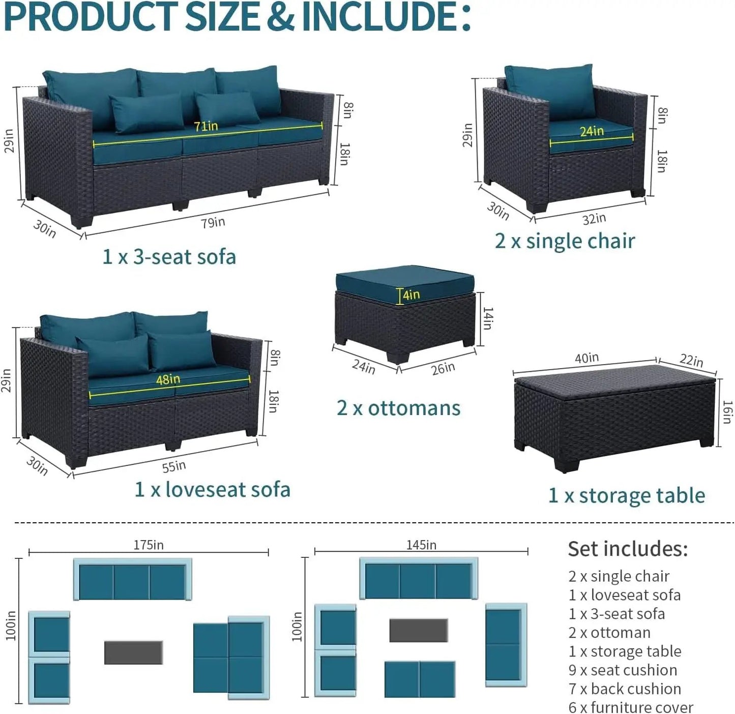 Patio Furniture Set 7 Piece Peacock Blue Anti Slip Cushions from PriceLows™