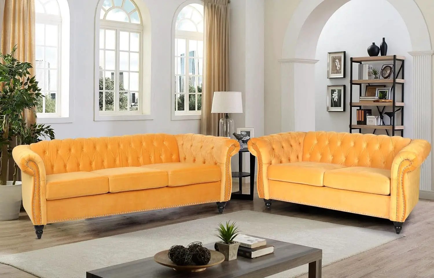 Three Piece Mango Velvet Chesterfield Sofa Set With Club Chair And Loveseat For Living Room from PriceLows™