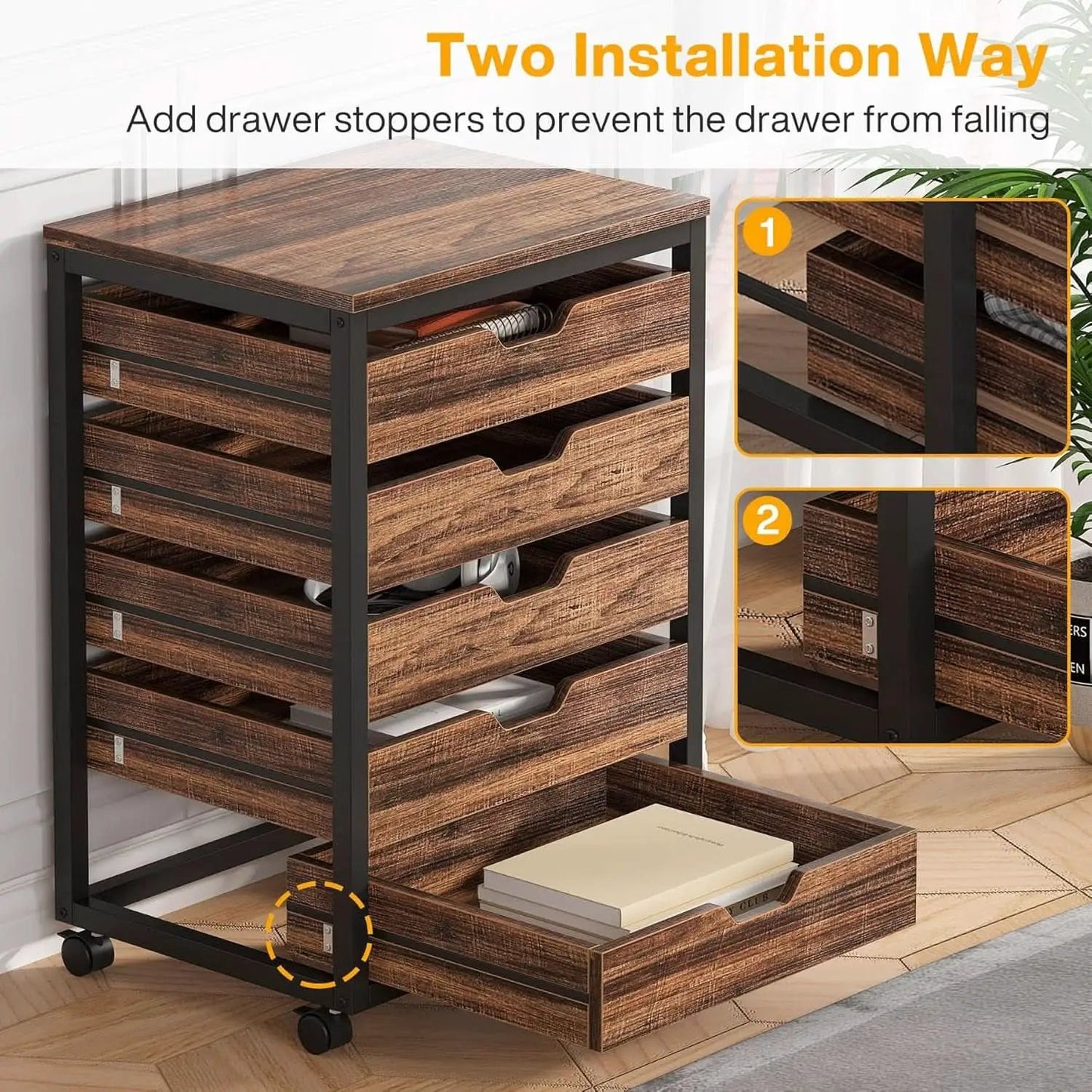Industrial Five Drawer Wood Dresser Cart BrownFinish from PriceLows™