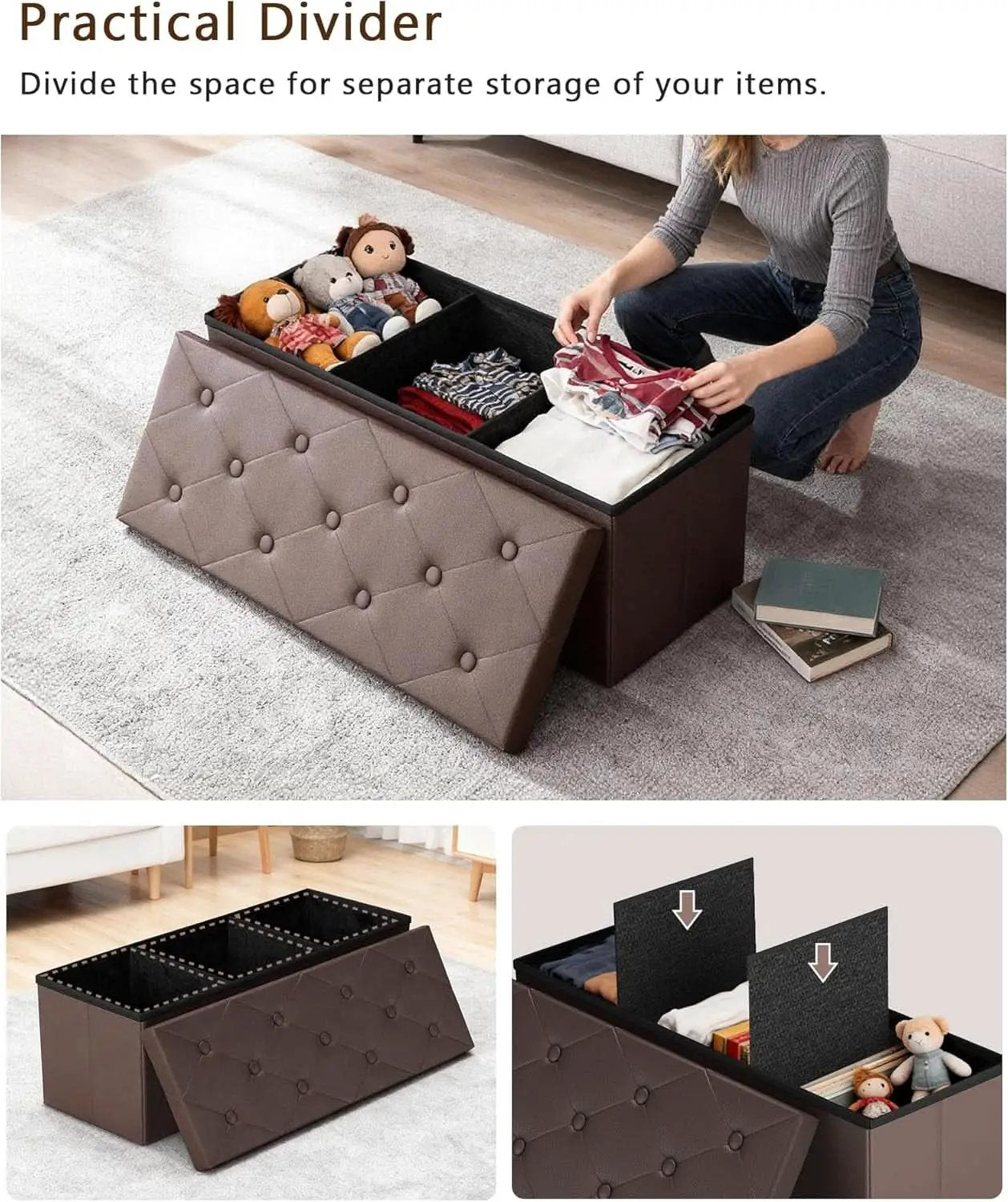 Forty Three Inch Brown Storage Ottoman With Concealed Dividers from PriceLows™