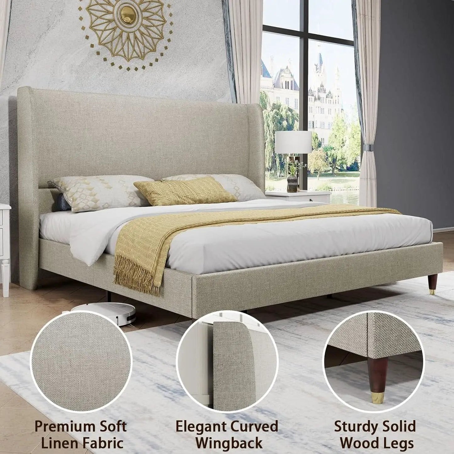 King Size Wingback Headboard Upholstered Bed Frame Khaki from PriceLows™