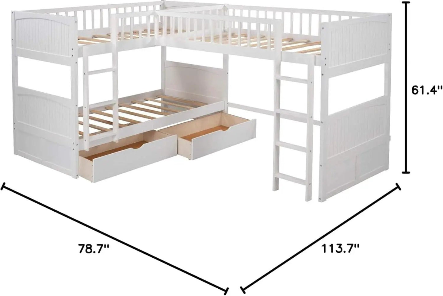 L Shaped Solid Wood Bunk Bed White Twin Over Twin Over Twin With 2 Drawers from PriceLows™